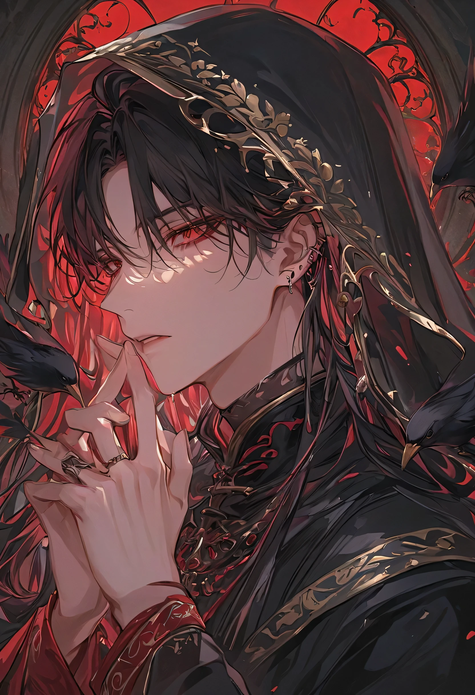 "A hyper-detailed, ultra-high-definition anime-style illustration of a male character draped in a dark, translucent veil, whispering a forbidden prayer. His long, raven-black hair spills over his shoulders, strands catching the dim candlelight. His piercing crimson eyes burn with both devotion and torment, framed by high cheekbones and a sharp jawline. His lips tremble as he utters ancient words. He wears an obsidian-black robe with blood-red embroidery, intricate arcane symbols woven into the fabric. The background is a ruined cathedral, its stained glass shattered, moonlight filtering through the dust-filled air."