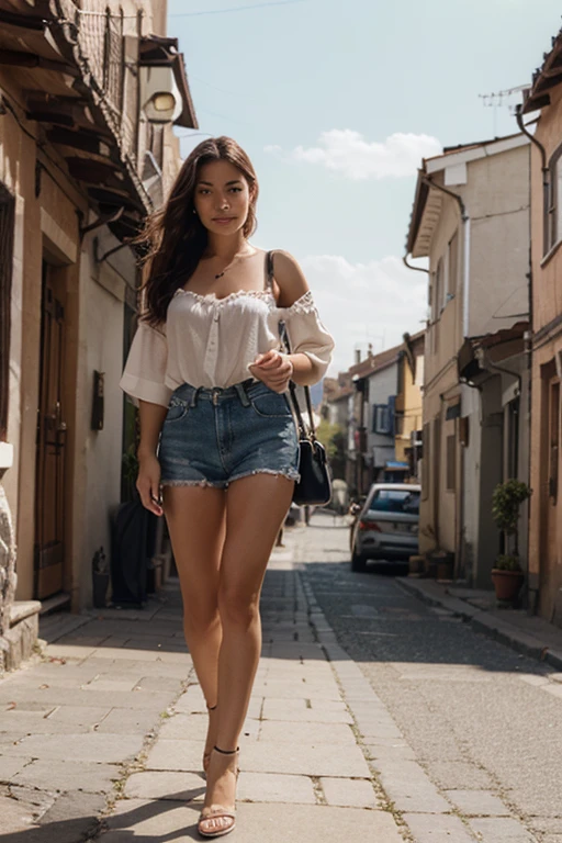Masutepiece、highest qualityr、high resolusion、Eleonora Pavinato, 23 years old, Younger headshot, looking cute, cute pose, Beautiful busty girl, Black long hair, walking in the city, wearing casual clothes, in italy, italy, streets of italy