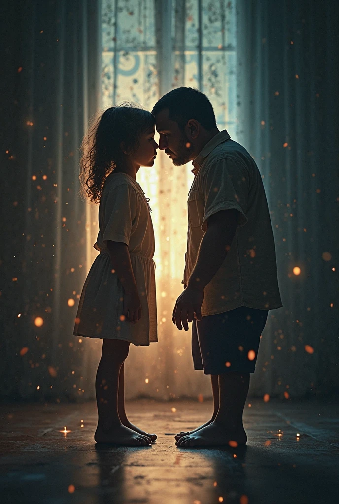 a boy and a girl hugging each other, wreck tree, wreck plants, thunder and storm, fire, broken house