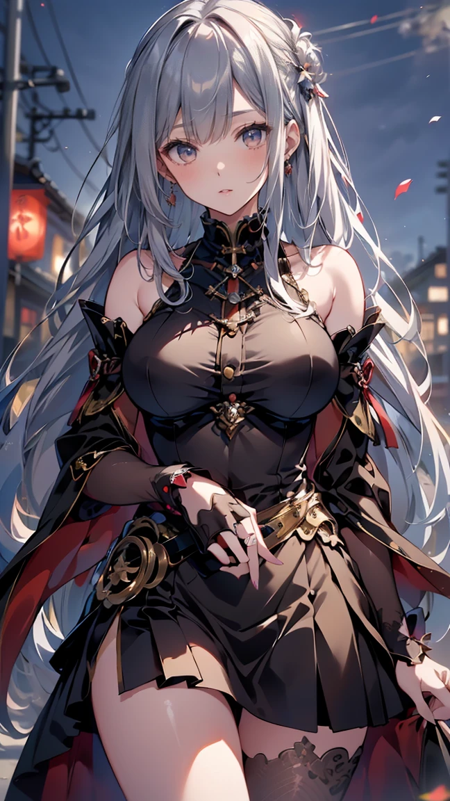 (dynamic angle:1.3, front view:1.1, breast focus:1.3, from below:1.2), (dynamic posing:1.5, sexy posing:1.2, leaning forward), (seductive smiling:1.3),(*K) HD, highest quality, Anime style beutiful woman, 1girl,fullbody, happy, (with sparkling eyes and a contagious smile:1.2), red face, closed mouth, beautiful detailed eyes, super detailed skin, backlighting, bare shoulders, black background, black dress, black gloves, silver hair, breasts, dress, earrings, fingerless gloves, floating hair, floral print, flower, gloves, gold earrings, gold hairband, hair flower, hair ornament, hairband, holding, holding two-hands weapon, jewelry, medium breasts, long hair, looking at viewer, off-shoulder dress, off shoulder,red eyes, short hair with long locks, sidelocks, solo, spikes, thighs, two-sided dress, two-sided fabric, weapon, fighting stance , face, close up, from above, highest quality, high resolution,Real World, Natural light,perfect Natural light,looking at viewer,