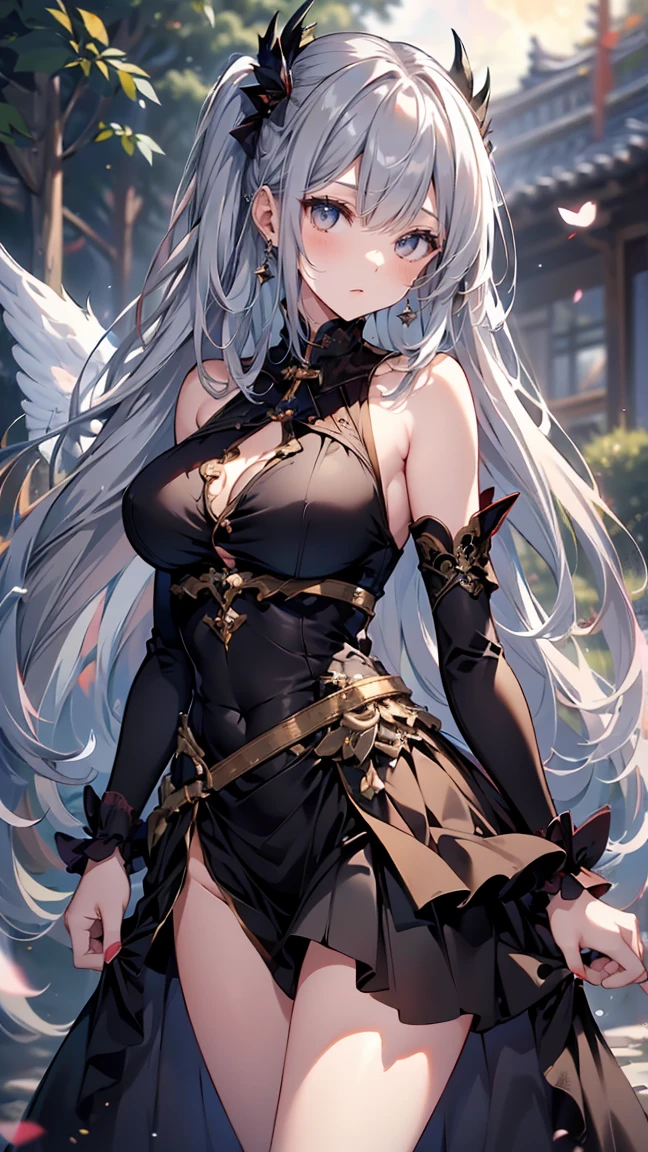 (best quality, high resolution, textured skin, high quality, High Detail,Extremely detailed CG unification),Demon Queen,Obsessed,Dynamic Angle,whole body,Gorgeous dress,Long skirt covering the legs,Lots of fabric,Lace,Decorations,Transparent multi-layered skirt,Ruffles,Intricately designed clothing is beautiful to wear,Elegant and attractive posture,Demon Wings,Gloves,whole body包裹的衣服