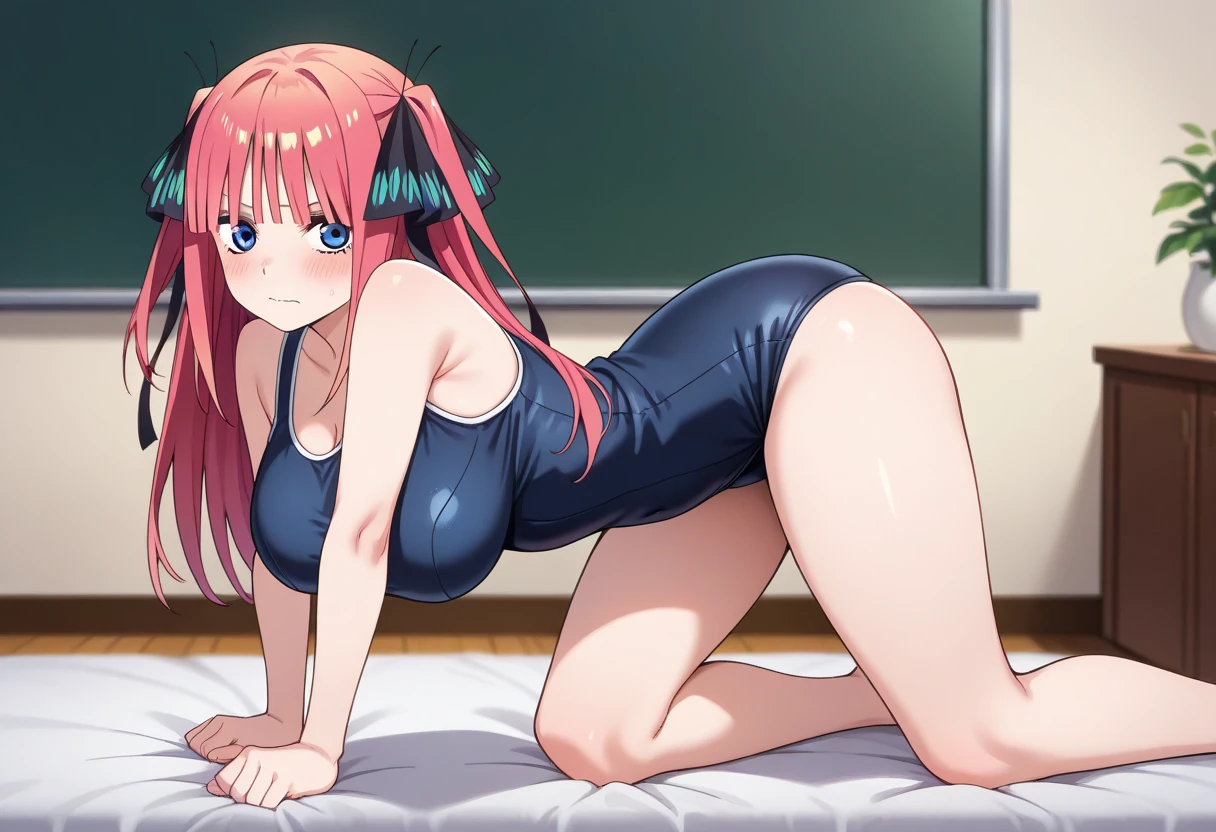 masterpiece, best quality, insanely detailed, beautiful, nino nakano, long hair, bangs, blue eyes, hair ornament, hair ribbon, pink hair, blunt bangs, two side up, butterfly hair ornament, blush, large brest, (High leg school swimsuit, legs spread, nipple, sukumizu, school swimsuit