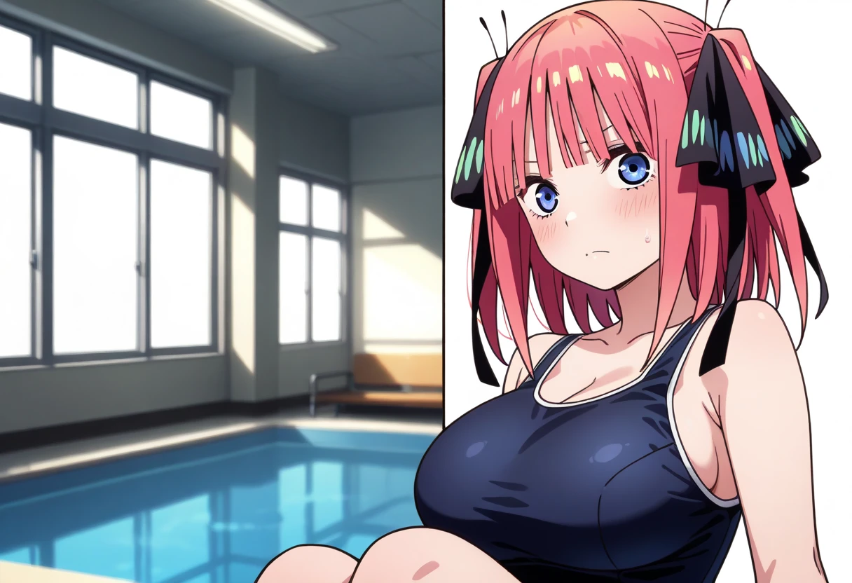 pool,many ugly men,bikini girl,( surprised,nipples ),,( ugly man is lifting bikini top from behind),pink hair,( another man is taking photo nipples with smartphone:1.3) ,slim