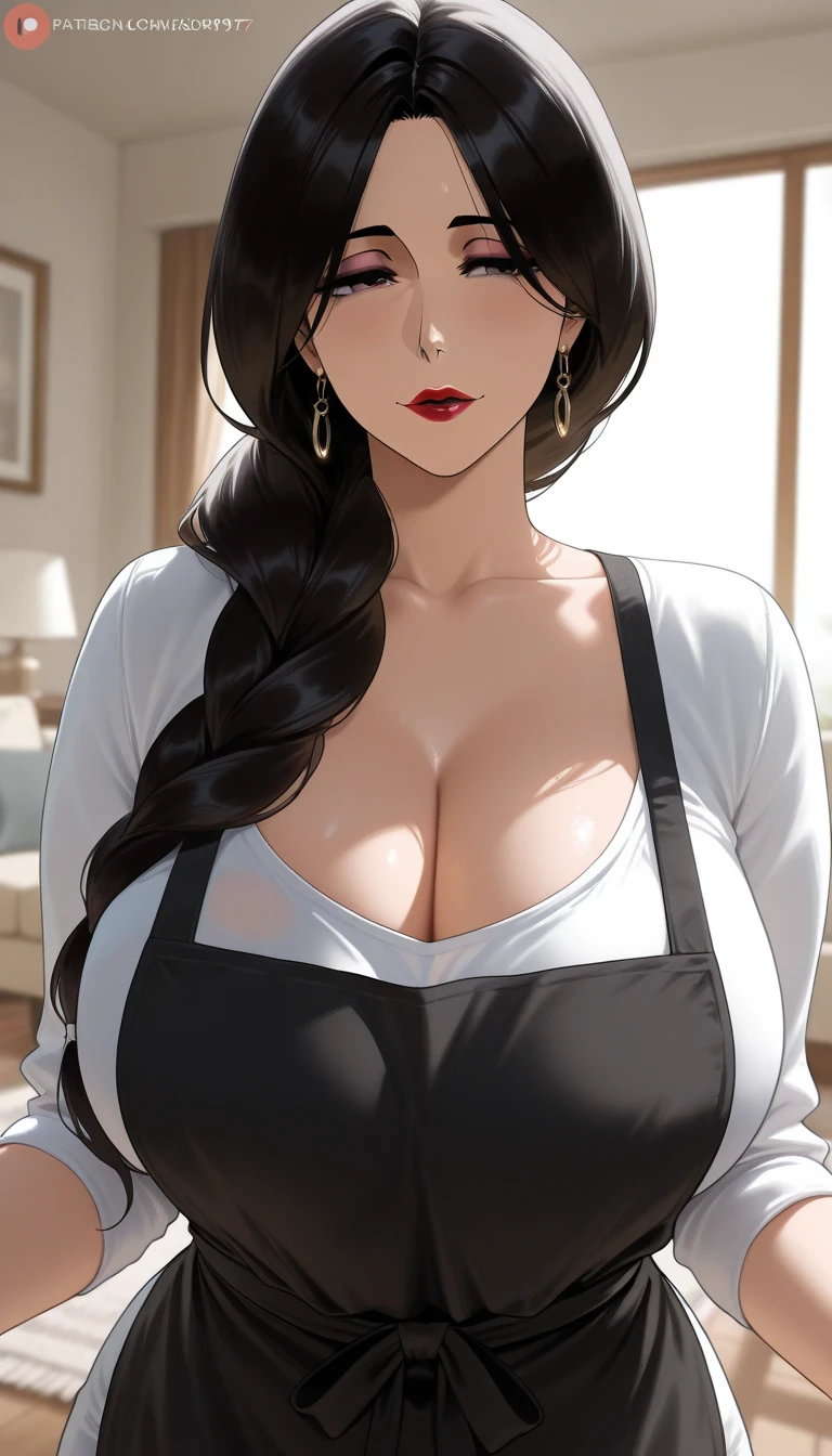 disgusted look, angry, busty, big breasts, massive breasts, pov eye contact, looking at viewer, thick, cleavage, thick lips, wide hips, thin waist, staring down at viewer, mature mom, jeans, yelling at viewer, milf