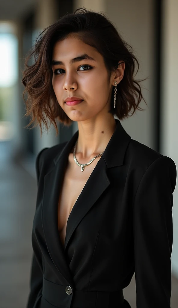 highlighting short curly hair model wearing black dress with different red, purple, yellow