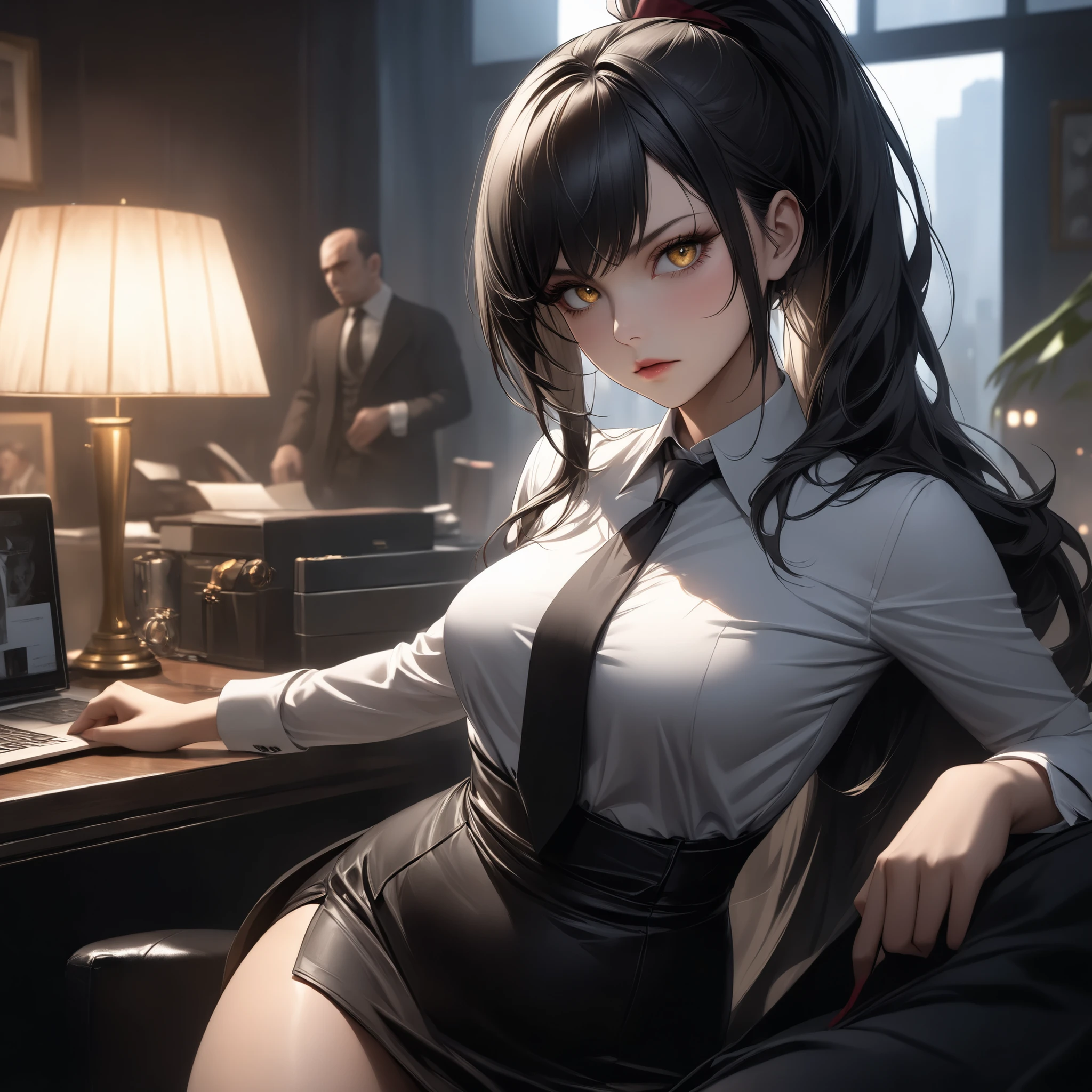((extreme quality)), ((Masterpiece)), ((Enrich the picture,Masterpiece level quality)), black hair, high ponytail, medium breasts, golden eyes, fierce woman, ultra eyes details, RAW 4K, Realistically , ((great effect to highlight the subject)) , ( cinematic lighting, moody, textile shading), perfect proportions, ultra detailed, volumetric lighting, soft lighting, glossy skin, beautiful face, Special face details, strong emotions, elegant gesture, Detailed facial features, Long eyelashes, contrast, Incredible atmosphere, Fascinating setting, Haunting beauty , black mini skirt, sexy white shirt , mafia suit , necktie , mini black skirt , office , mafia boss,