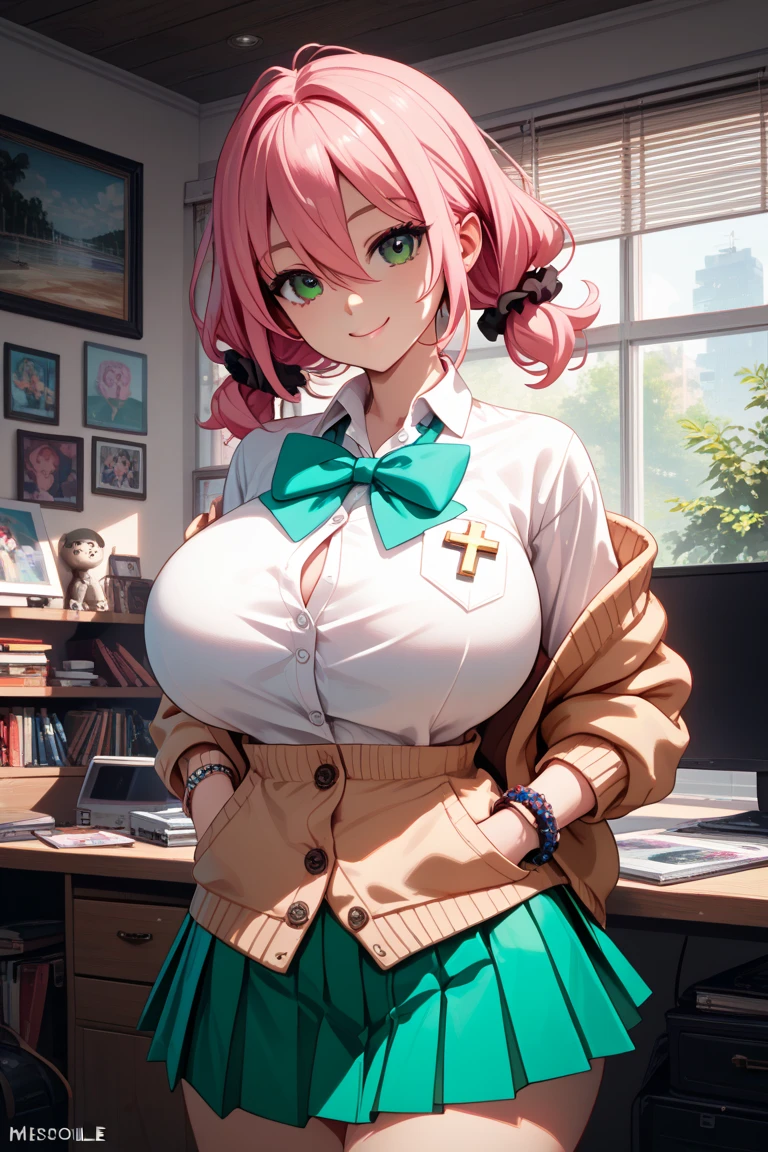 detailed illustration, nsfw, close up, low camera angle, of a mature chubby woman, pretty face, outermoka, long pink hair, green eyes, choker, cross chain, cleavage, green blazer, green jacket, open jacket, plaid skirt, gigantic breasts, breasts out, big nipples, looking at viewer, smile, hand on hip, outside, busy city, cinematic lighting, hires, volumetric lighting, highly detailed background, lights and shadows, backlit, masterpiece, <lora:add_detail:0.5> <lora:hairdetailer:0.5> <lora:akashiyamoka-nvwls-v1-000008:0.8>