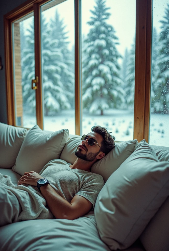 A man lies in bed The morning light filters through the window, casting a warm glow. sNOW COVERED SCENE OUTSIDE HIS WINDOW