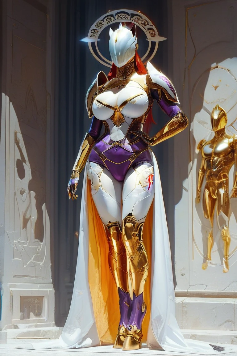 ((BLACK BACKGROUND,1:2, masterpiece)), full body MILF BIMBO, full body of paladin lady in ornate golden armor sitting on bed with open legs, black collar, pauldrons, breastplate, corset, golden glowing halo over head, white silver short bob hair, glowing red eyes, bright pupils, eye focus, red cape (hands on hips, clenching fist 👊 ✊️)