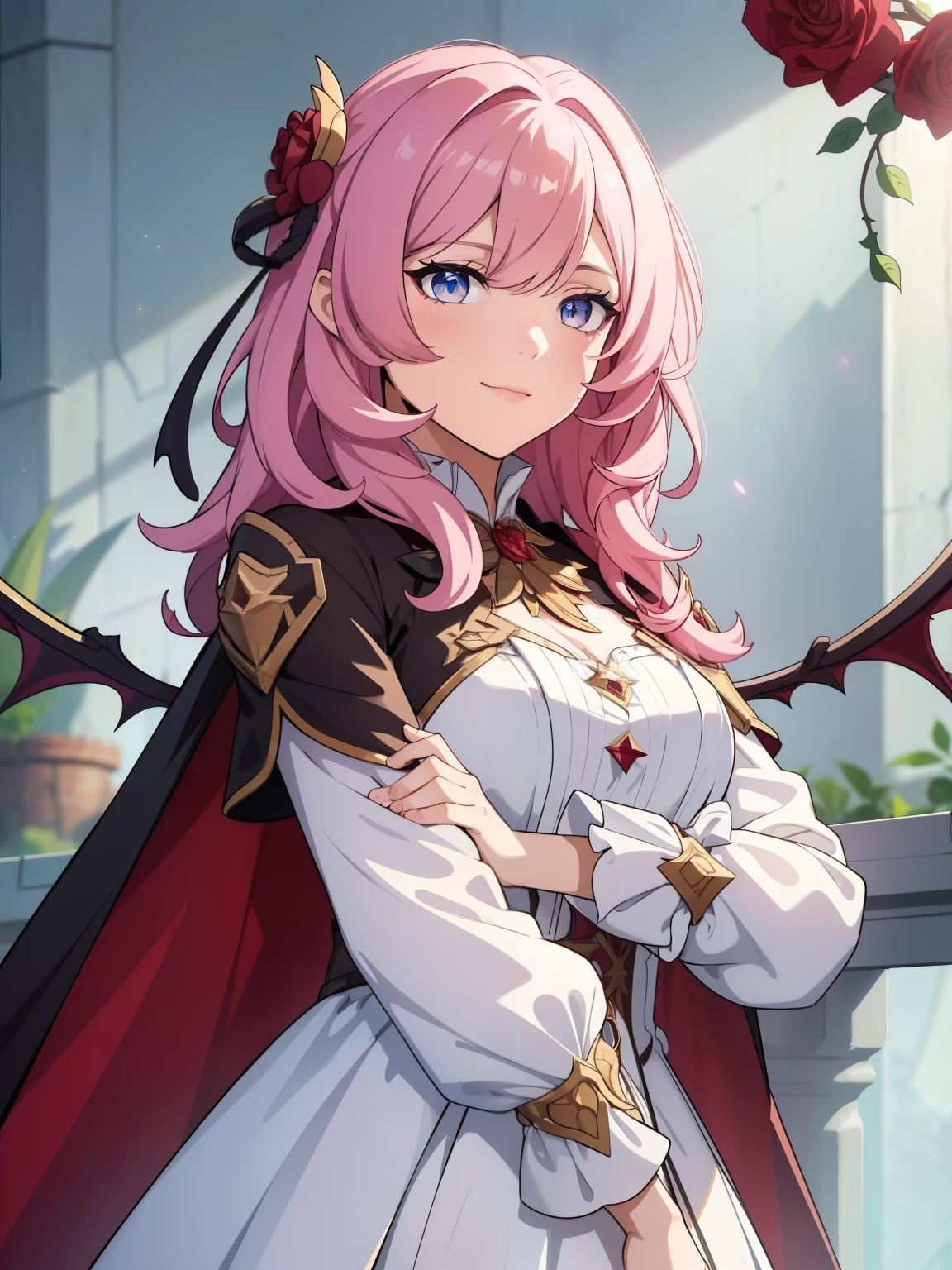 (high-quality, breathtaking),(expressive eyes, perfect face) portrait, 1girl, female, solo, young , pink hair, blue eye color, medium hair length, soft wavy hair, gentle smile, loose hair, side bangs, looking at viewer, portrait, upperbody happy expression, ribbon in hair, flower in hair, fantasy clothing, elegant, mature, height 4"3, adventurer attire, warlock attire, warlock profession, short height, Dungeons & Dragons character, jacket, dress, cape, winged cape, Firefly Honkai Star Rail Character, hair ornament,hair flower,red flower,red rose, thorns,vines,shoulder cutout,