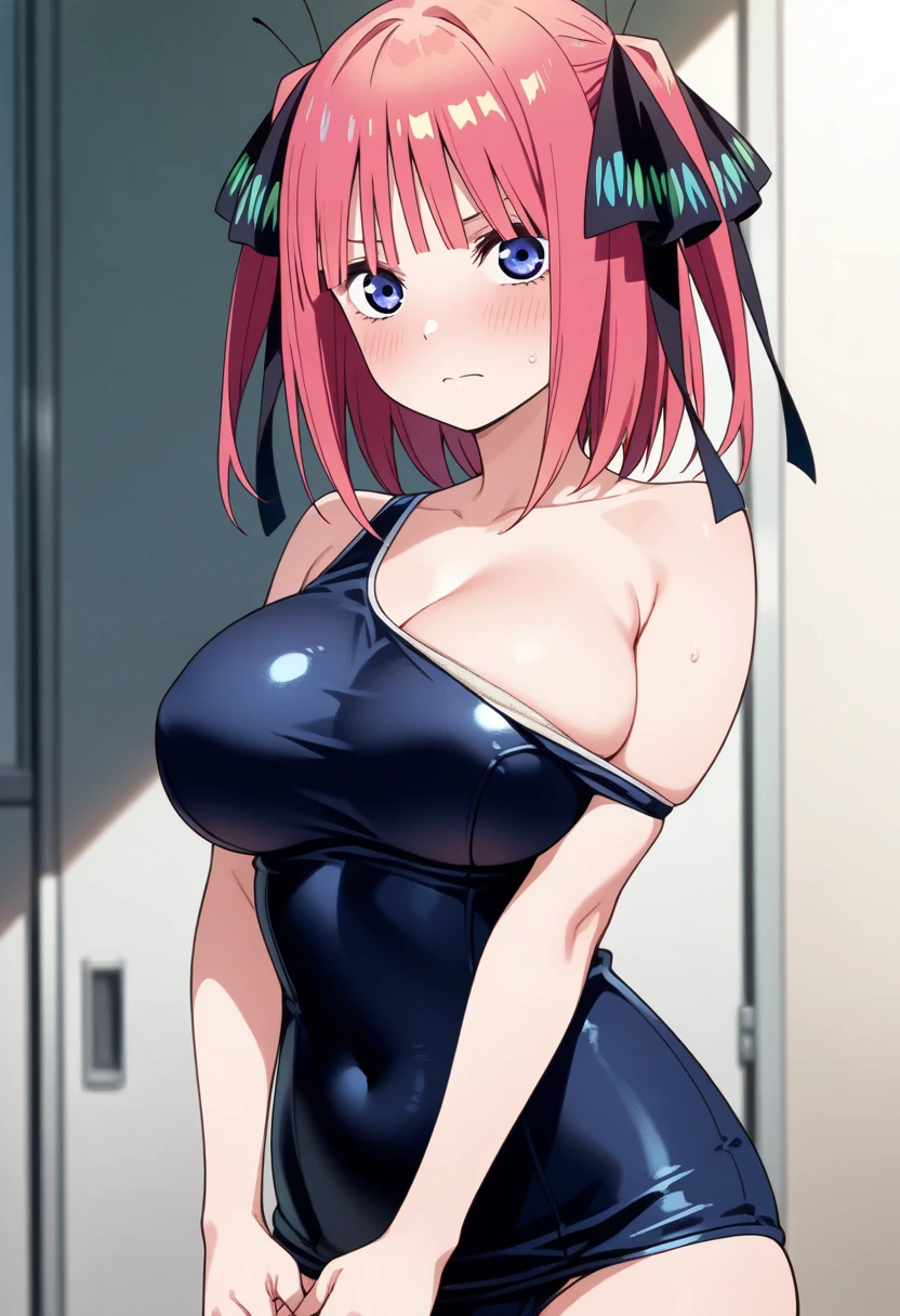 best quality, ultra-detailed masterpiece, anime art style, cute characters, nino nakano, one-piece swimsuit, large breasts, pantyhose, pixel-perfect, nsfw, nipple, pussy, love juice, orgasm, habit, ahegao, blush, bukkake, pussy sex, 1girl