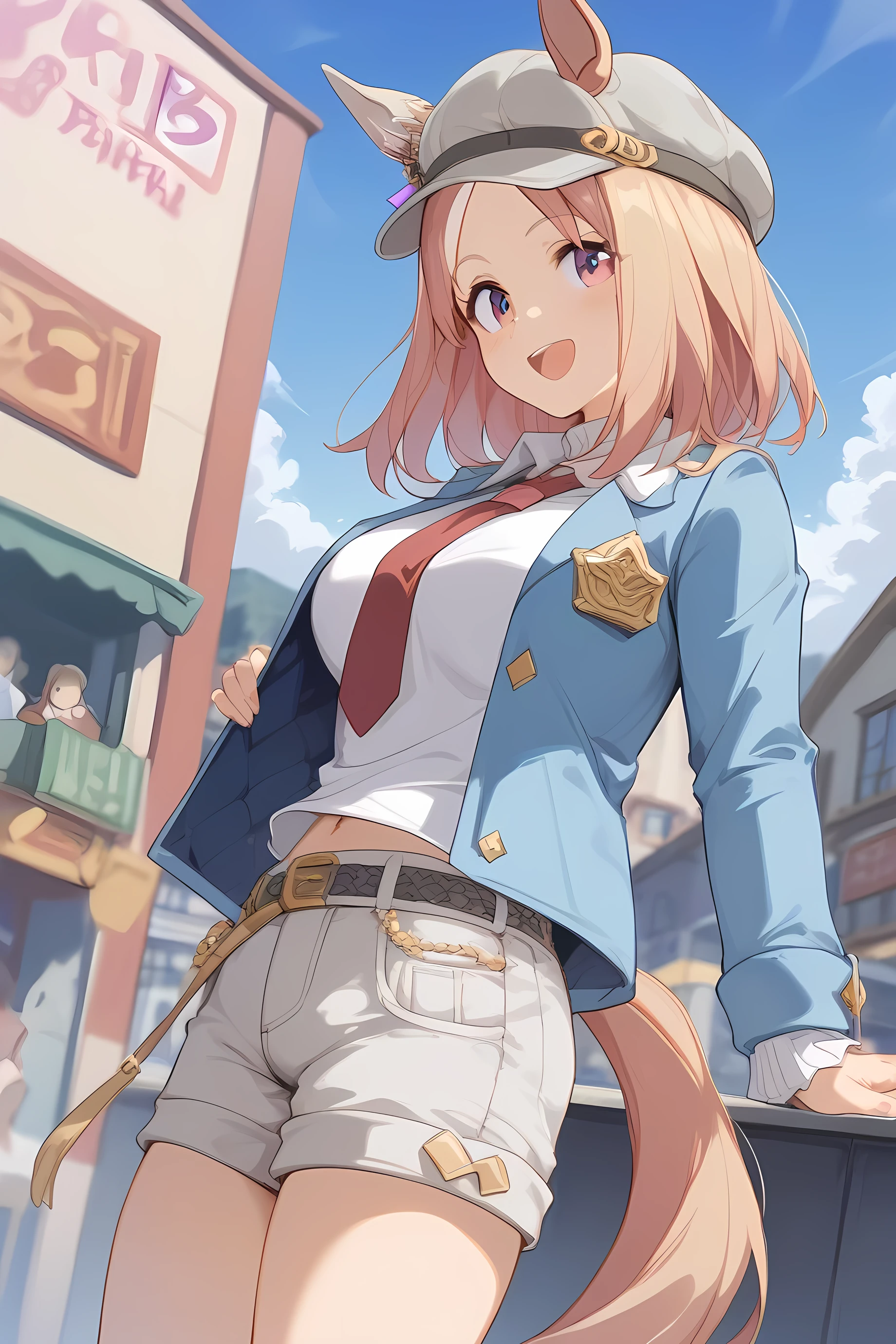 narita top road \(umamusume\),precise face,cute face,,((( grey shorts))),((white sweater)),(Light blue jacket),((gray boots that peck breasts)),((Grey hat)),(((best smile))),(( winks))),((in urban streets)),(( standing)),((Wave your right hand)),((Close up image of a))Dyed slightly red on the cheeks,((is looking here)),((( standing))),((slouches forward)),morning,((morning日が眩しく照らす)),(blue sky),Diagonal side view,,(((Close-up image from thigh to face))),(((masterpiece))),(((detailed)))((best quality)),((ultra detailed)),(beautiful),((shinythighs)),(((shiny skin))),(high quality skin),((8k)),best image quality,Best Quality