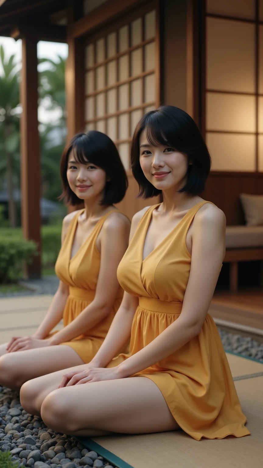 (Her breasts are spilling out of her tank top、bottomless、White panties、Black Hair、Big Ass、Japanese-style room、Veranda、View of the garden、Rural Japanese house、Summer in Japan)、Extremely sexy、smile、Professional Lighting、Small waist、Beautiful adult woman、Captivating thighs、Very large breasts、Cleavage、Lying on the tatami