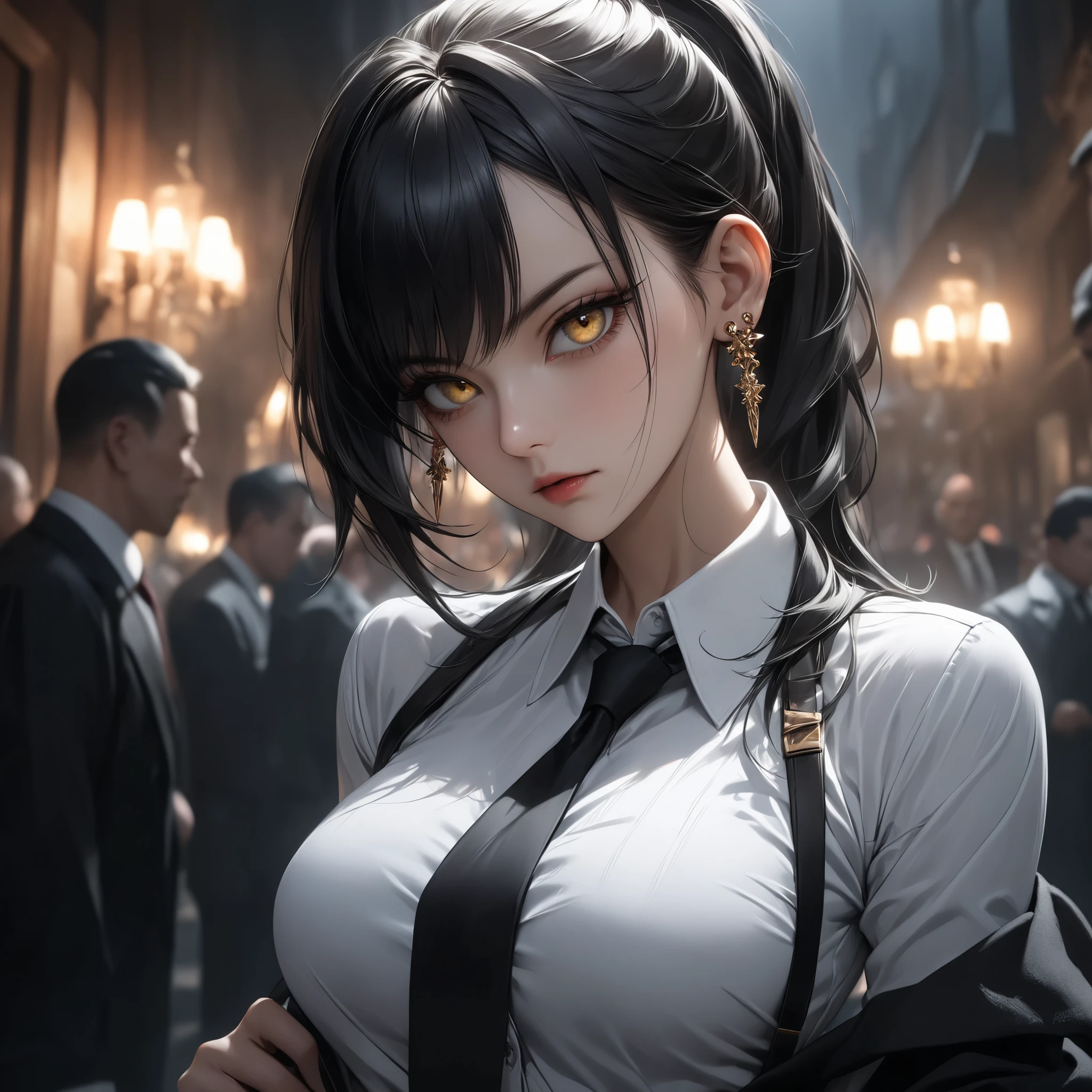 ((extreme quality)), ((Masterpiece)), ((Enrich the picture,Masterpiece level quality)), black hair, high ponytail, medium breasts, golden eyes, fierce woman, ultra eyes details, RAW 4K, Realistically , ((great effect to highlight the subject)) , ( cinematic lighting, moody, textile shading), perfect proportions, ultra detailed, volumetric lighting, soft lighting, glossy skin, beautiful face, Special face details, strong emotions, elegant gesture, Detailed facial features, Long eyelashes, contrast, Incredible atmosphere, Fascinating setting, Haunting beauty , black mini skirt, sexy white shirt , mafia suit , necktie , mini black skirt , ear rings, steet fashion , mafia boss,