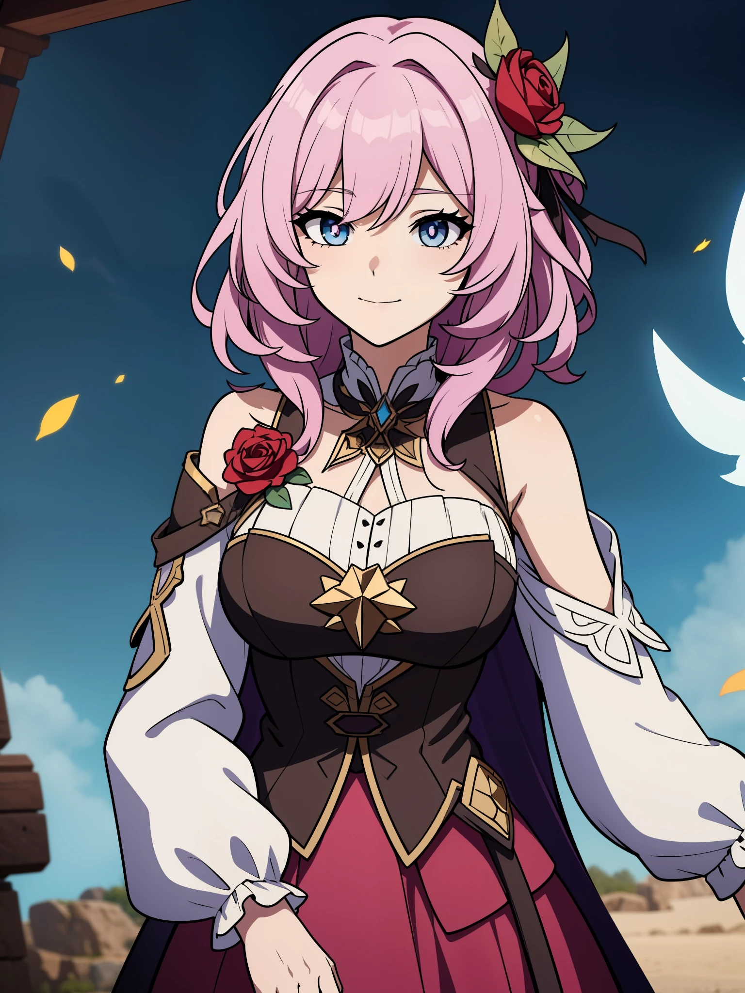 (high-quality, breathtaking),(expressive eyes, perfect face) portrait, 1girl, female, solo, young , pink hair, blue eye color, medium hair length, soft wavy hair, gentle smile, loose hair, side bangs, looking at viewer, portrait, upperbody, happy expression, ribbon in hair, flower in hair, fantasy clothing, elegant, mature, height 4"3, adventurer attire, warlock attire, warlock profession, short height, Dungeons & Dragons character, jacket, dress, cape, winged cape, Firefly Honkai Star Rail Character, hair ornament,hair flower,red flower,red rose, thorns,vines,shoulder cutout,