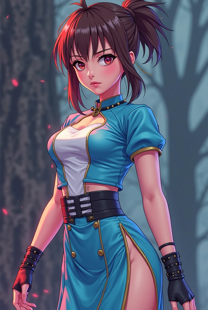 masterpiece, best quality, <lora:ripple-nvwls-v1-000009:0.9> mgrpRipple, hair ornament, side ponytail, red scarf, bikini top, purple miniskirt, detached sleeves, suspenders, fishnets, gloves, thighhighs, large breasts, cowboy shot, standing, alleyway, furrowed brow, from side, arm up, dynamic pose, night