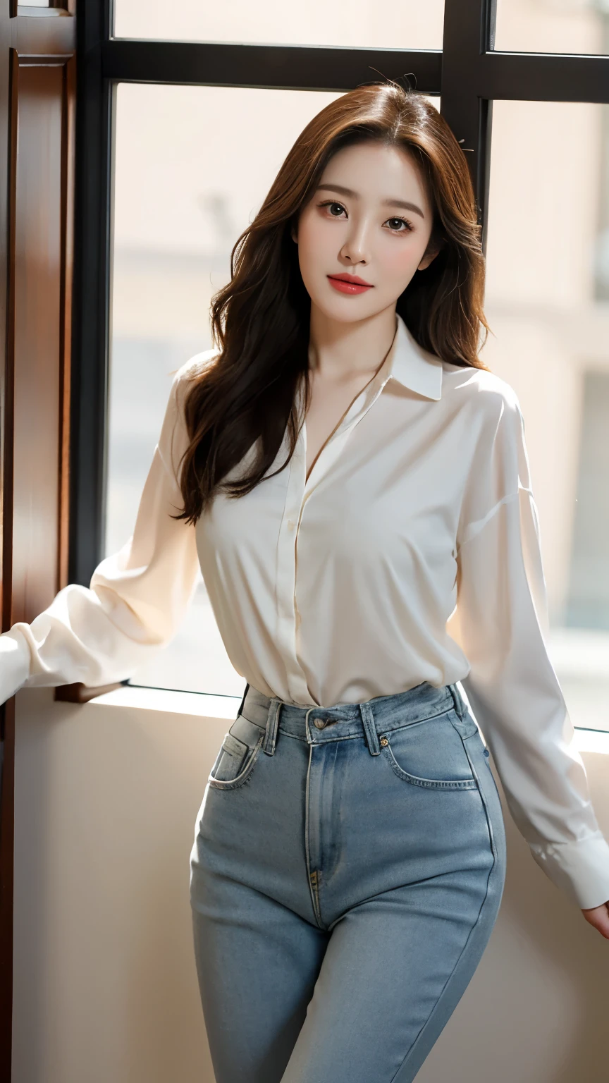 Park Min-Young stands confidently near an open cafe window, bathed in softly diffused natural light from above, accentuating porcelain-like skin with subtle highlights. She elegantly poses, one leg bent as if about to gallop into the scene, wearing a sheer white blouse and modern jean pants that showcase her toned silhouette and delicate face with expressive brown eyes gazing directly at the viewer. Long, layered perm-brown hair frames her captivating smile, curving deep red lips that enhance magnetic beauty against a modern background blending glamour and timeless elegance.