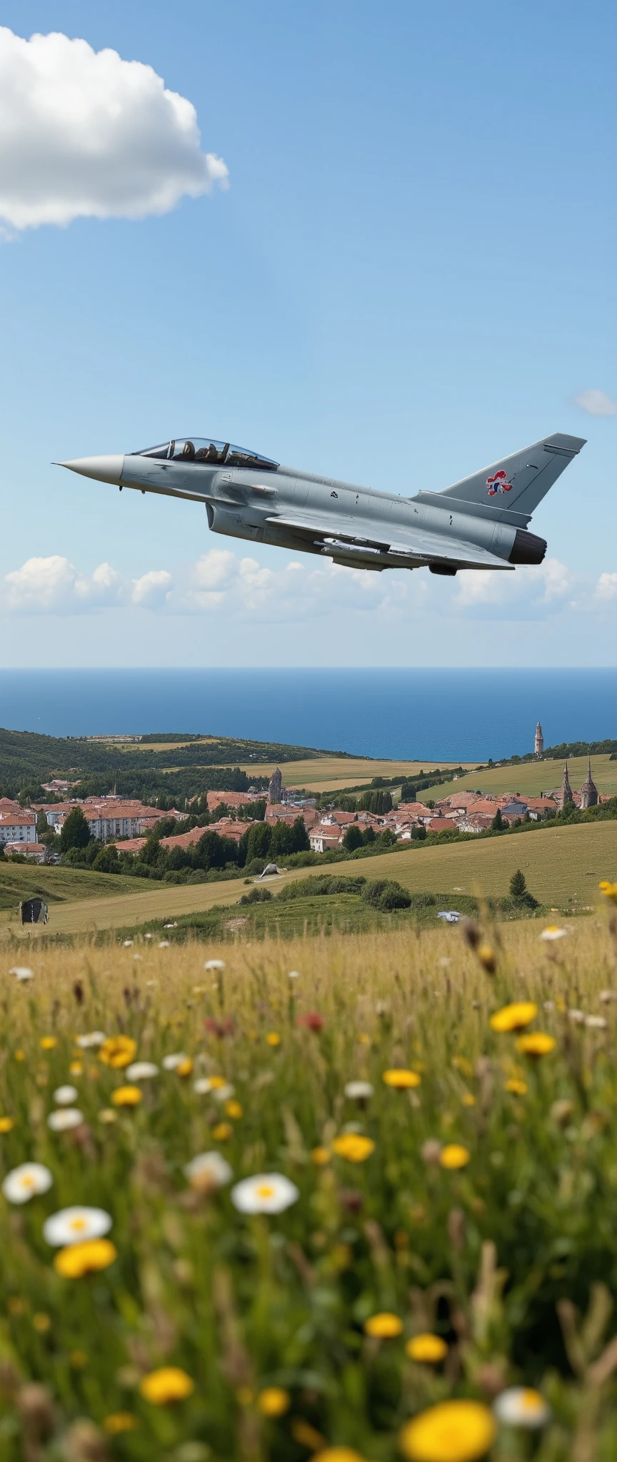In the high-definition image、The French Air Force Eurofighter Typhoon is flying over the Provence region、The quiet Prairie region of Provence was filmed in high definition、Tall Flowers 々、European-style building in a distant town、There is a slight undulation and you can see the ocean in the distance。