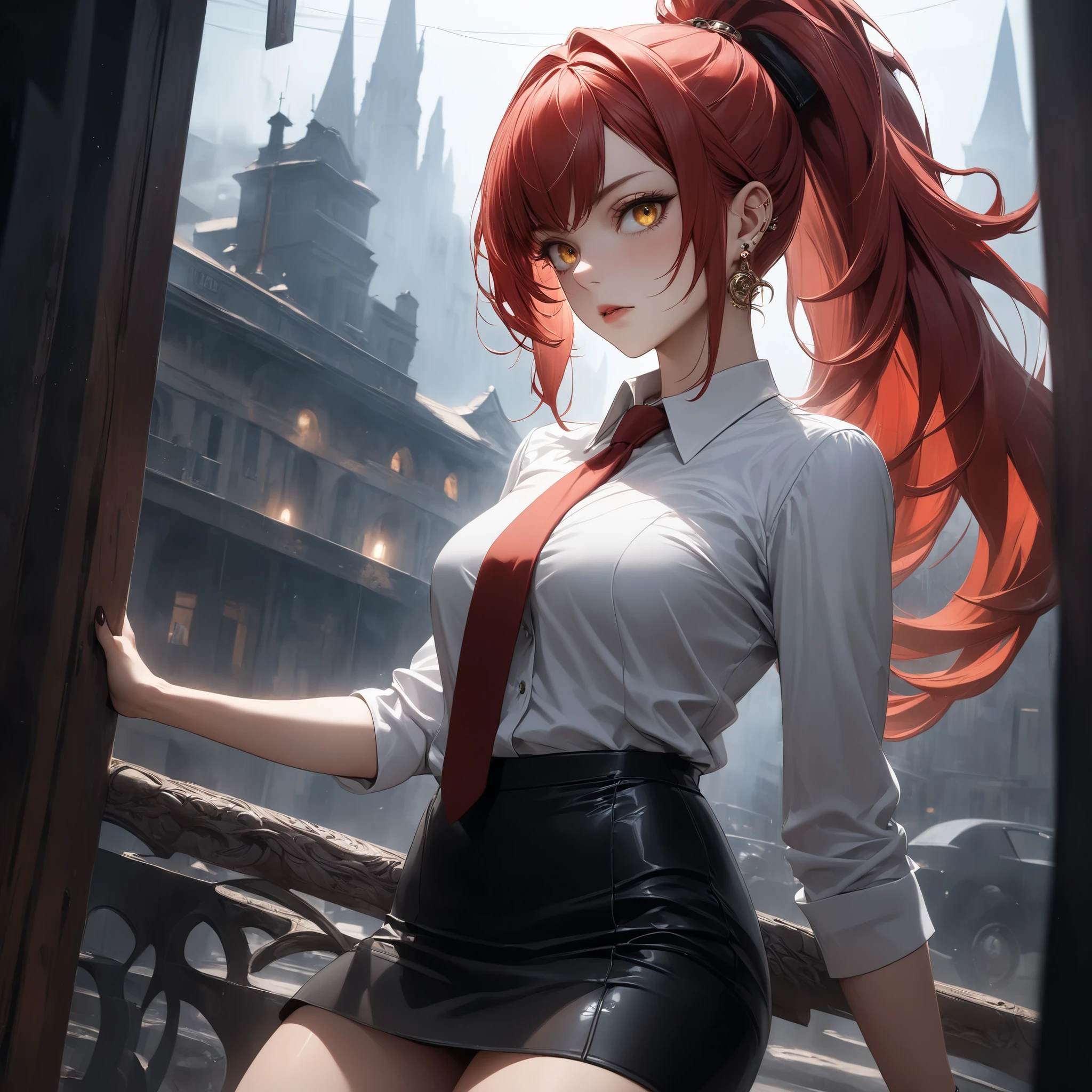 ((extreme quality)), ((Masterpiece)), ((Enrich the picture,Masterpiece level quality)), red hair, high ponytail, medium breasts, golden eyes, fierce woman, ultra eyes details, RAW 4K, Realistically , ((great effect to highlight the subject)) , ( cinematic lighting, moody, textile shading), perfect proportions, ultra detailed, volumetric lighting, soft lighting, glossy skin, beautiful face, Special face details, strong emotions, elegant gesture, Detailed facial features, Long eyelashes, contrast, Incredible atmosphere, Fascinating setting, Haunting beauty , black mini skirt, sexy white shirt , mafia suit , necktie , mini black skirt , ear rings, steet fashion , mafia boss,