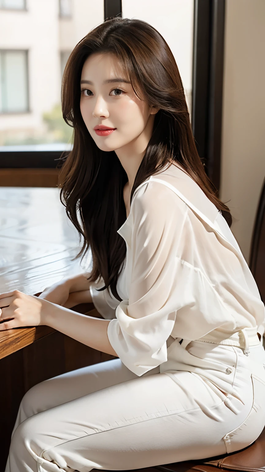 Confident Park Min-Young stands near an open cafe window, bathed in softly diffused natural light from above, accentuating porcelain-ike skin with subtle highlights. She elegantly poses, one leg bent as if about to gallop into the scene, wearing a sheer white blouse and modern jean pants, showcasing toned silhouette and delicate face with expressive brown eyes gazing directly at the viewer. Long, layered perm-brown hair frames her captivating smile, curving deep red lips that enhance magnetic beauty against a modern background blending glamour and timeless elegance.
