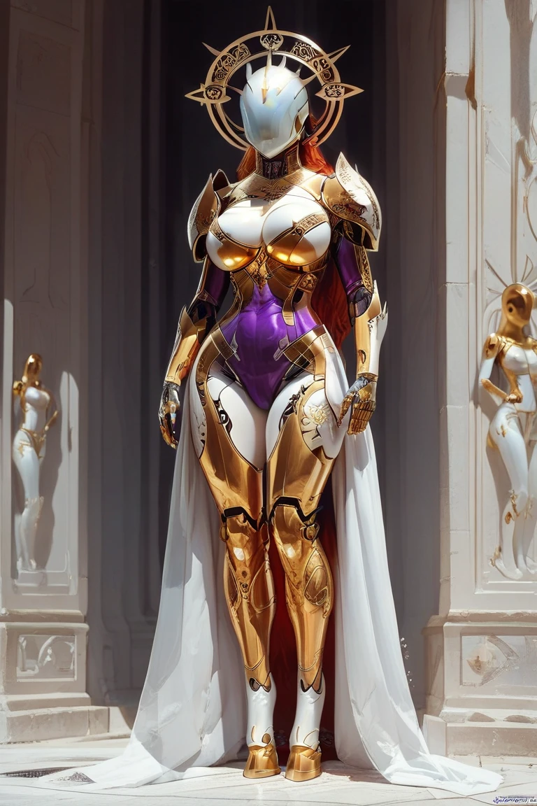 A WOMAN, BEAUTIFULL FACE, (WHITE, GOLD, PURPLE:1.2), (SEXY RED LIBS:1), (BEAUTY MAKEUP:1), (SHINY SKIN:1.2), (HUGE BOOBS:1.1), (FULL BODY:1.1), (MECHA BATTLE ARMOR:1), (CLEAVAGE:1), TRANSPARANT, TALL LEGS, STANDING, (SEXY BODY:1), (MUSCLE ABS:1.1).