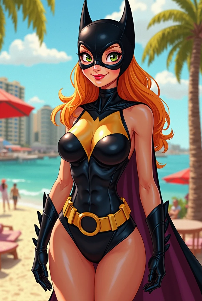 muscular, large breasts, toned body, 1 girl, ginger hair, pale skin, blue eyes, very long hair (at the tropical beach) looking at viewer close up batgirl (with batman insignia) bathing suit, pinup poses