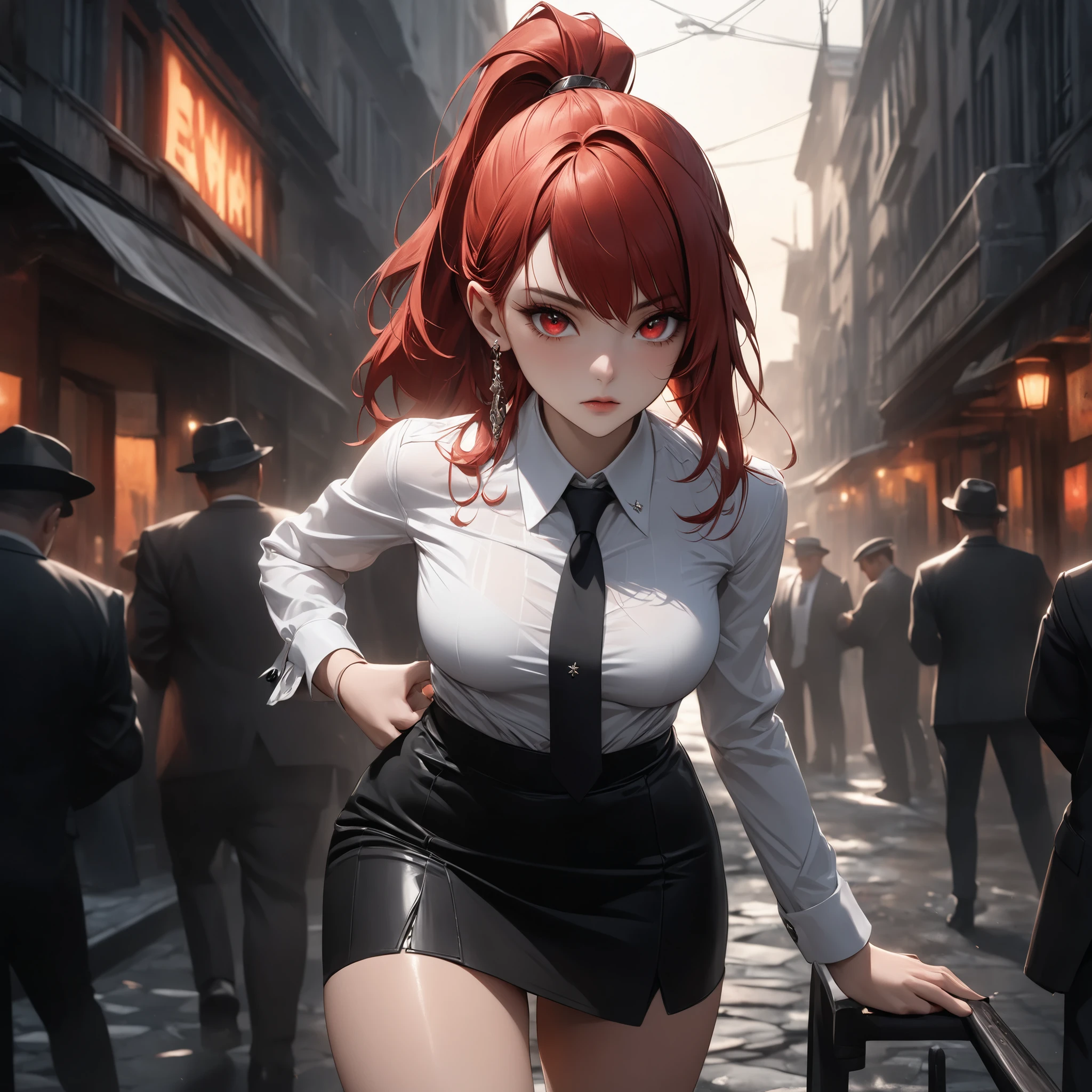 ((extreme quality)), ((Masterpiece)), ((Enrich the picture，Masterpiece level quality)), red hair, high ponytail, medium breasts, red eyes, fierce woman, ultra eyes details, RAW 4K, Realistically , ((great effect to highlight the subject)) , ( cinematic lighting, moody, textile shading), perfect proportions, ultra detailed, volumetric lighting, soft lighting, glossy skin, beautiful face, Special face details, strong emotions, elegant gesture, Detailed facial features, Long eyelashes, contrast, Incredible atmosphere, Fascinating setting, Haunting beauty , black mini skirt, sexy white shirt , mafia suit , necktie , mini black skirt , ear rings, steet fashion , mafia boss,