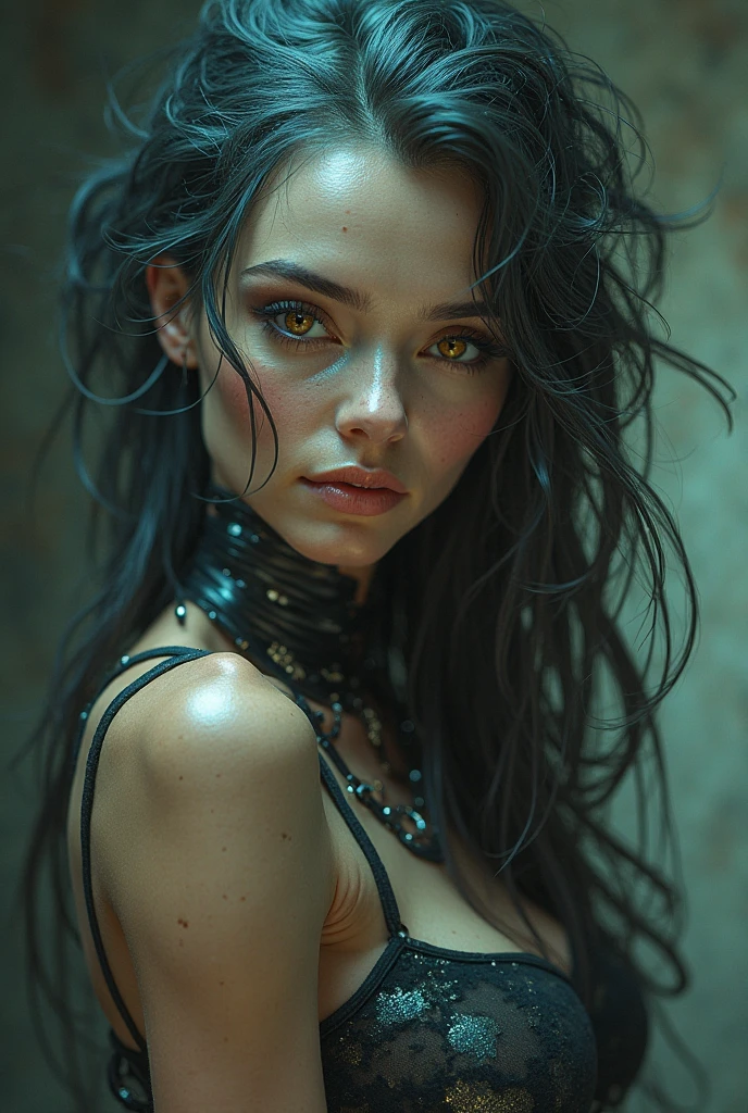 a dangerous AI-powered femme fatale with long flowing black hair, striking blue eyes, and sensual animal-like features, staring intently at the viewer with an air of seductive menace, wearing ornate jewelry and backlit by an impressionistic glow, masterfully rendered in ultra-detailed 8K resolution with hyper-realistic textures and lighting, flashing big boobs
