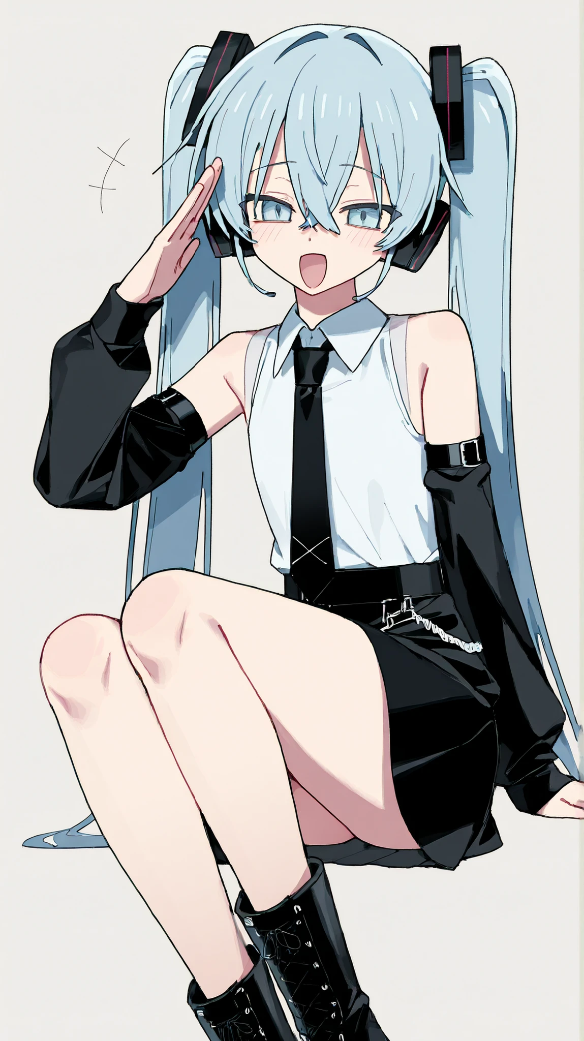 ,、stupid hair、light blue eyes、light blue hair、Crossed bangs、hair between eyes、hair ornament、headphones、long hair、TWIN TAILS、水色のtie、Black shoes、黒いskirt that crosses、Black sleeves、boots、襟付きshirt、sleeveless、グレーのshirt、tie、プリーツskirt that crosses、shirt、skirt that crosses、sleeveless、sleevelessshirt、サイハイboots、tieピン、1 person、salute、look over here、Channel style、high image quality、1 personのキャラクター、depicts facial features well、 happy expression 、4K HIGH DEFINITION、