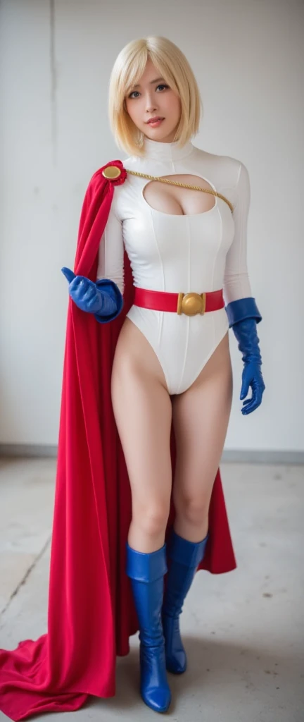 (Muscular:2.2), (thick thighs:2.2),
blonde female, (supergirl), (big smile:1.5), (blunt bangs:1.3), (ponytail:1.2),
earrings, lipstick, eyeshadow,
hard nipples,
(blue upper bodysuit:1.8), (small cape:1.3),
looking at viewer, three quarter view, (upper body view:2.5),
(floating, in midair, sky and clouds background:1.3), rim lighting, two tone lighting, dim lighting, bokeh, detailed skin, detailed eyes