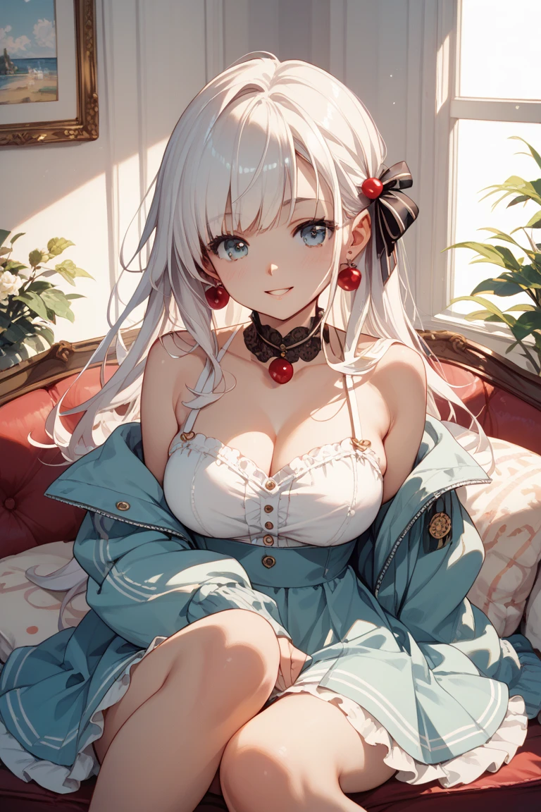 score_9, score_8_up, source_anime, masterpiece, absurdres, (big breasts:0.3), mature woman, perfect face, 1girl, cute expression, smiling, looking at viewer, sitting, chair ,lisamikhailovna, alisamikhailovna kujou, long hair, bangs, blue eyes, ahoge, gray hair, red ribbon, ornate bra, red bra, red panties, ornate panties