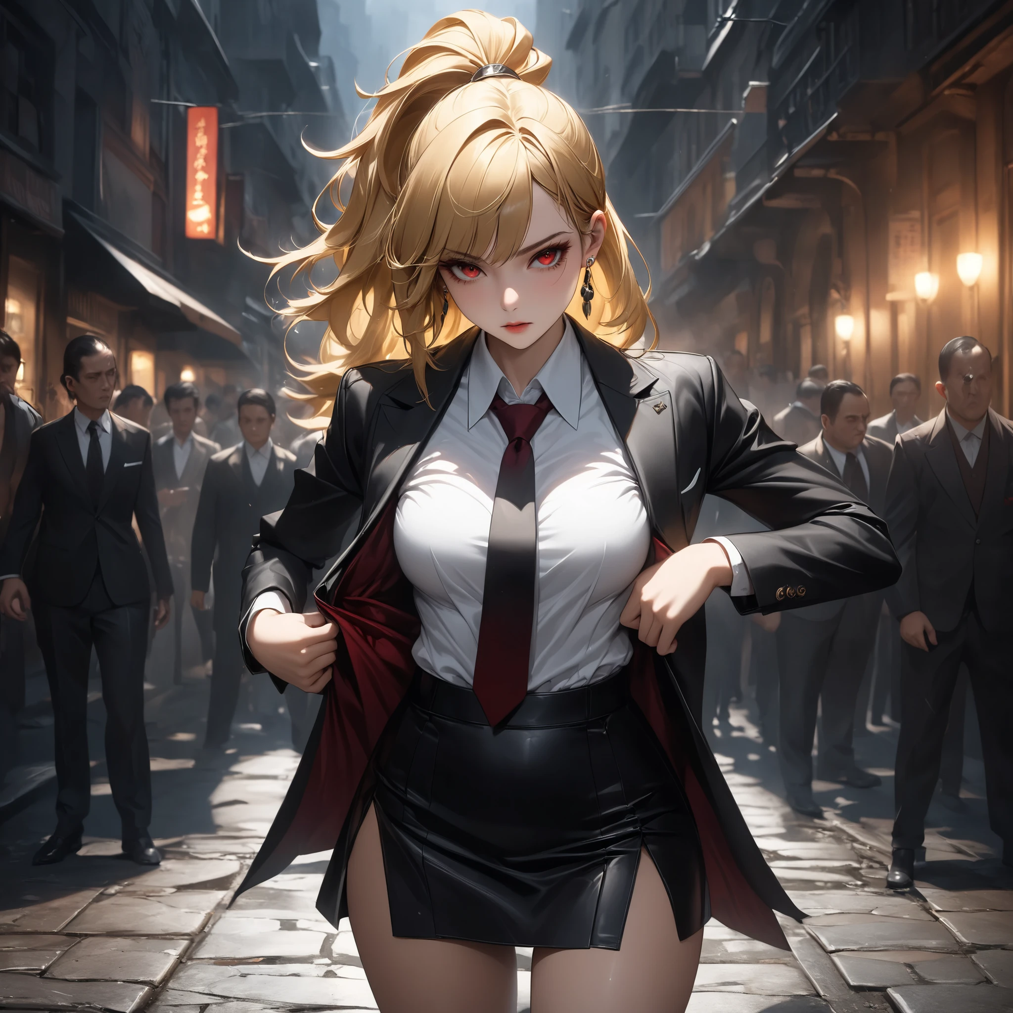 ((extreme quality)), ((Masterpiece)), ((Enrich the picture,Masterpiece level quality)), golden hair, high ponytail, medium breasts, red eyes, fierce woman, ultra eyes details, RAW 4K, Realistically , ((great effect to highlight the subject)) , ( cinematic lighting, moody, textile shading), perfect proportions, ultra detailed, volumetric lighting, soft lighting, glossy skin, beautiful face, Special face details, strong emotions, elegant gesture, Detailed facial features, Long eyelashes, contrast, Incredible atmosphere, Fascinating setting, Haunting beauty , black mini skirt, sexy white shirt , mafia suit , necktie , mini black skirt , ear rings, steet fashion , mafia boss,