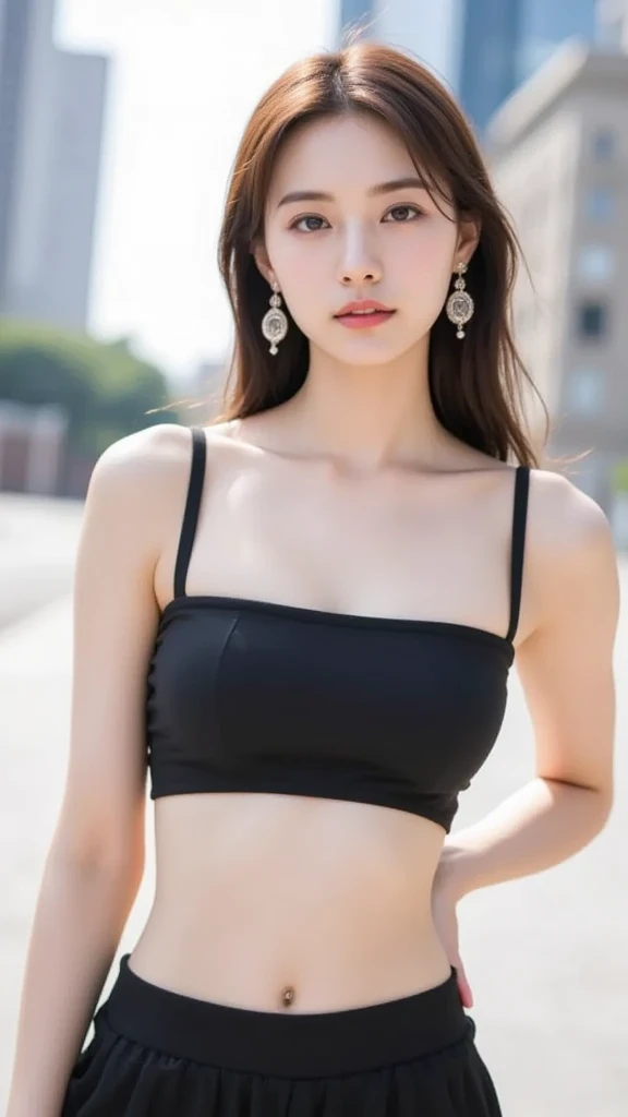 8k, Ultra-high resolution, Highest quality, masterpiece, 三分割法によるphotograph,Surreal, photograph, 1 Girl, (:1.3), pretty girl, Cute Face, Beautiful eyes in every detail, 細かくdetailedに,masterpiece,One Girl:1.2, Japan Female Announcer,whole body,from above,furious,Black Hair,Bob with bangs,Skintight Black Top:1.2,High Resolution Skins:1.2, Realistic skin texture,Small face, Off the shoulder,clavicle,Small breasts,Gray background,Clothing with slits,,Beautiful leg line beauty,Realistic Skin, Perfect and beautiful face ,完璧でCute Face, Skin with attention to detail, Perfect limbs、Narrow waist、Thin legs),Looking at the audience、beauty,Long neck、(((Ideal body type))),A cup small breasts :2,Portraiture:2,Perfect Anatomy,鮮明なdetailed,detailed,Surreal,Light and shadow,darkness