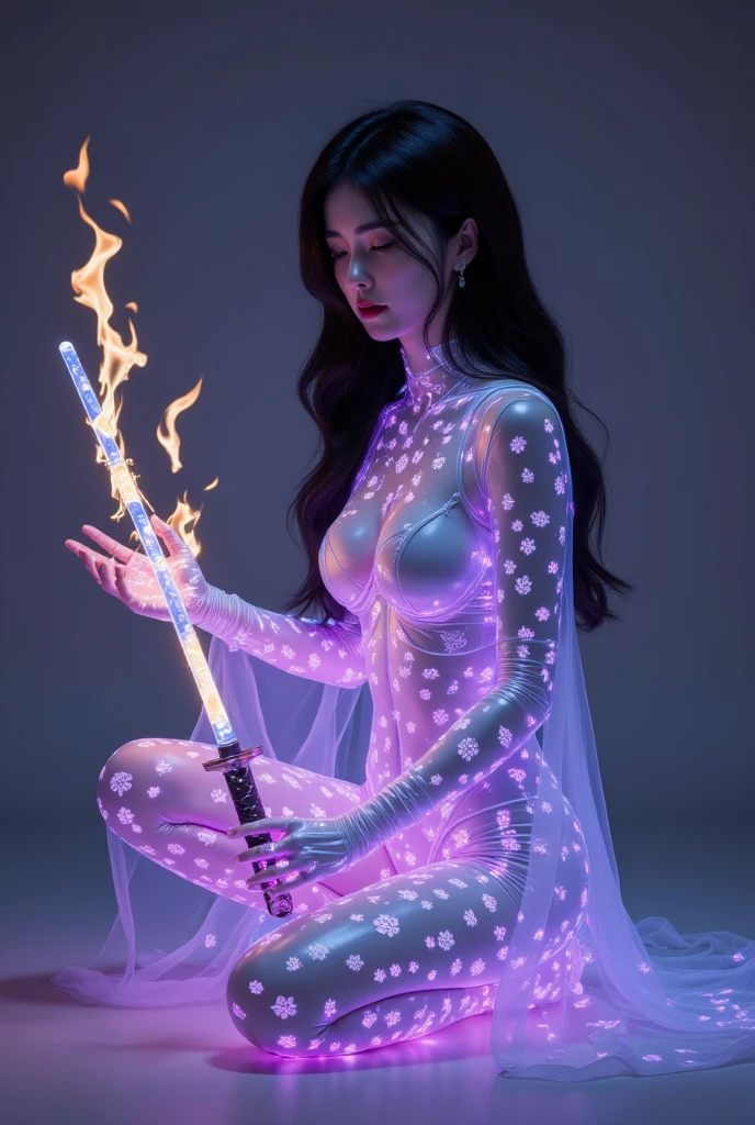 Beutiful women, 
Half a body. smoke turns into ghost, 
Capturing the essence of abstraction and mystery. With minimalist neon sketch [color purple] and smooth contours.