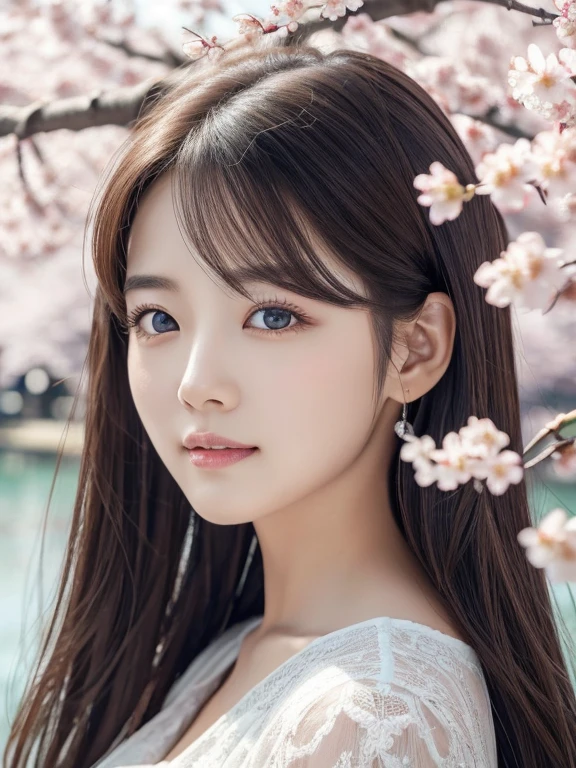 masterpiece、1 beautiful girl、 Detailed gray eyes 、best quality, ultra high definition, (reality: 1.4), cinematic lighting、(Korea)、Asian Beauty、Super Beauty、Beautiful skin、thin、(look at viewers)、(초reality적인)、(high resolution)、(8k)、(High Quality Details)、(Beautifully illustrated cherry blossom petals)、(A beautiful cherry blossom tree)、 ( lake)、detailed face、bright lighting、professional lighting、