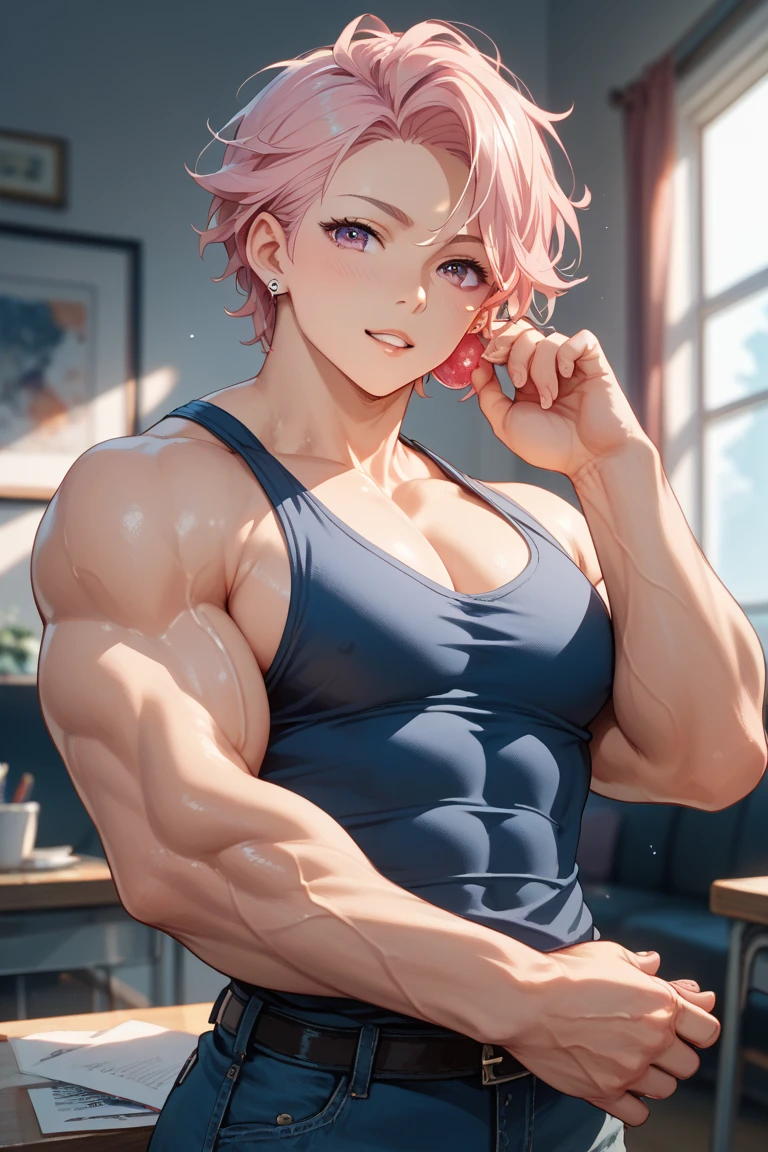 (best lighting) , (Extremely complex and detailed) , 4K unified, (Super detailed CG: 1.2) , (8k: 1.2),(The original), (masterpiece) , (best quality),(masterpiece:1.4),Anime-like high quality,(masterpiece),masterpiece, Super clear picture quality,Clearer than the face in the movie)best quality, Ridiculous Easter Peace, 4K, 8k, Yes, high resolution))1个girl, female student,Smile,pink short hair,girl脸上灿烂的笑容,Eight pack abs in shorts,clear abdominal muscles,Abdominal veins are sculpted into the abdominal muscles,Strong abdominal muscles Exaggerated abdominal muscles,Thick and firm abdominal muscles,Absolutely unparalleled abs,Abdominal muscles are very toned,Deep groove between abs bodybuilder:1.5)),Inside the house,(beautiful bass),(girl),(miss),(((Upper body:1)))There are deep grooves between abdominal muscles,Thickness performance,indestructible muscles,Abdominal muscles have strong contrast between light and dark