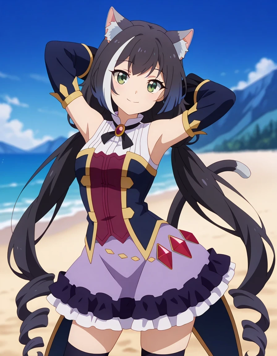 anime screencap, masterpiece, best quality,
1girl, solo, closed mouth, smile,
long hair, streaked hair, black hair, white hair, low twintails, green eyes, cat ears, cat tail,
KarylDress, multicolored dress, red brooch, detached sleeves, gold trim, red gemstone, frilled skirt, purple skirt, black thighhighs,
cowboy shot, night sky, beach, hands behind head, ((contrapposto)), looking at viewer, smile,
blurry background, mountainous background, scenery, day