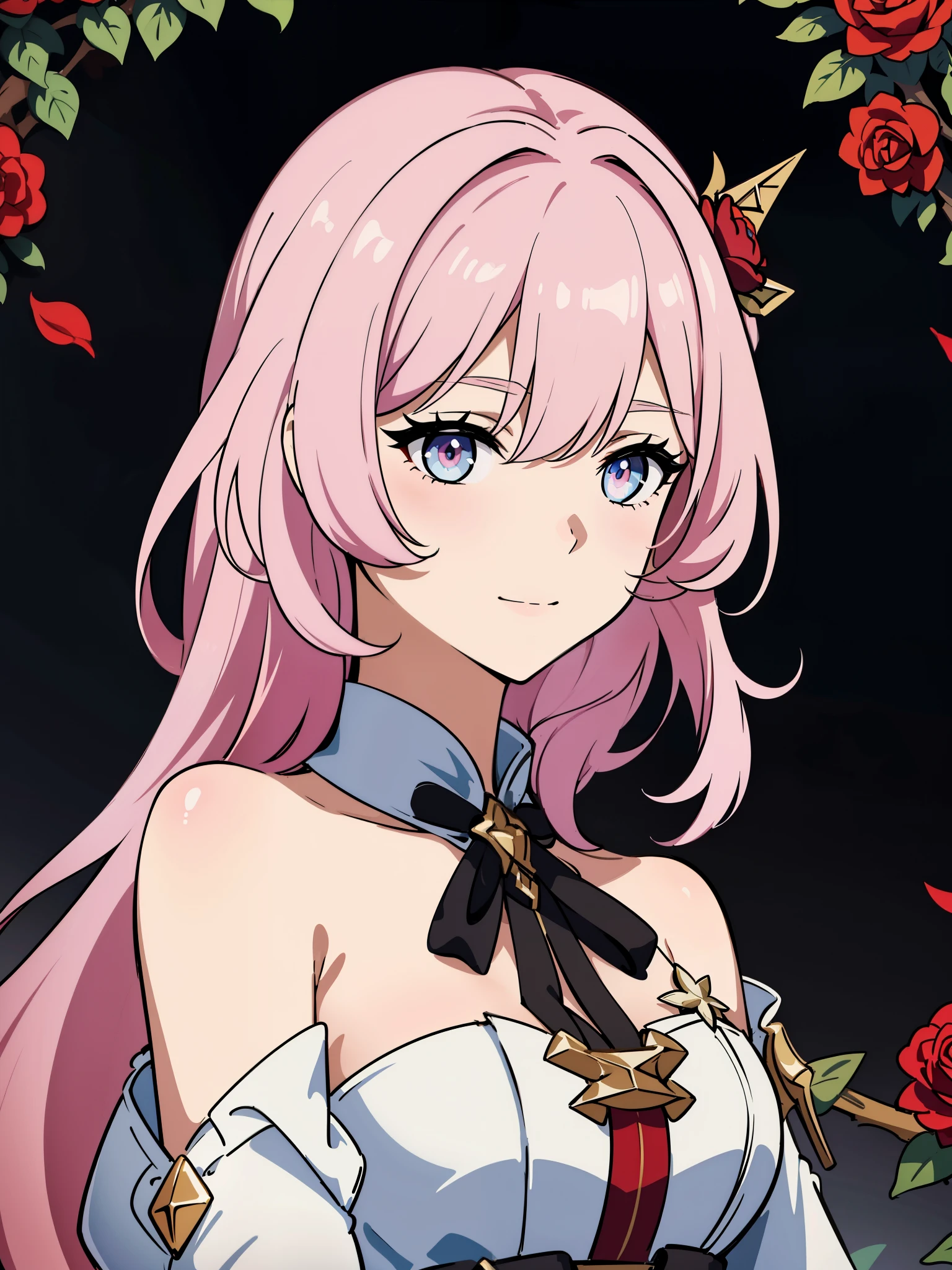 (high-quality, breathtaking),(expressive eyes, perfect face) portrait, 1girl, female, solo, young , pink hair, blue eye color, medium hair length, soft wavy hair, gentle smile, loose hair, side bangs, looking at viewer, portrait, upperbody, happy expression, ribbon in hair, flower in hair, fantasy clothing, elegant, mature, height 4"3, adventurer attire, warlock attire, warlock profession, short height, Dungeons & Dragons character, jacket, dress, Firefly Honkai Star Rail Character, hair ornament,hair flower,red flower,red rose, thorns,vines,shoulder cutout,
