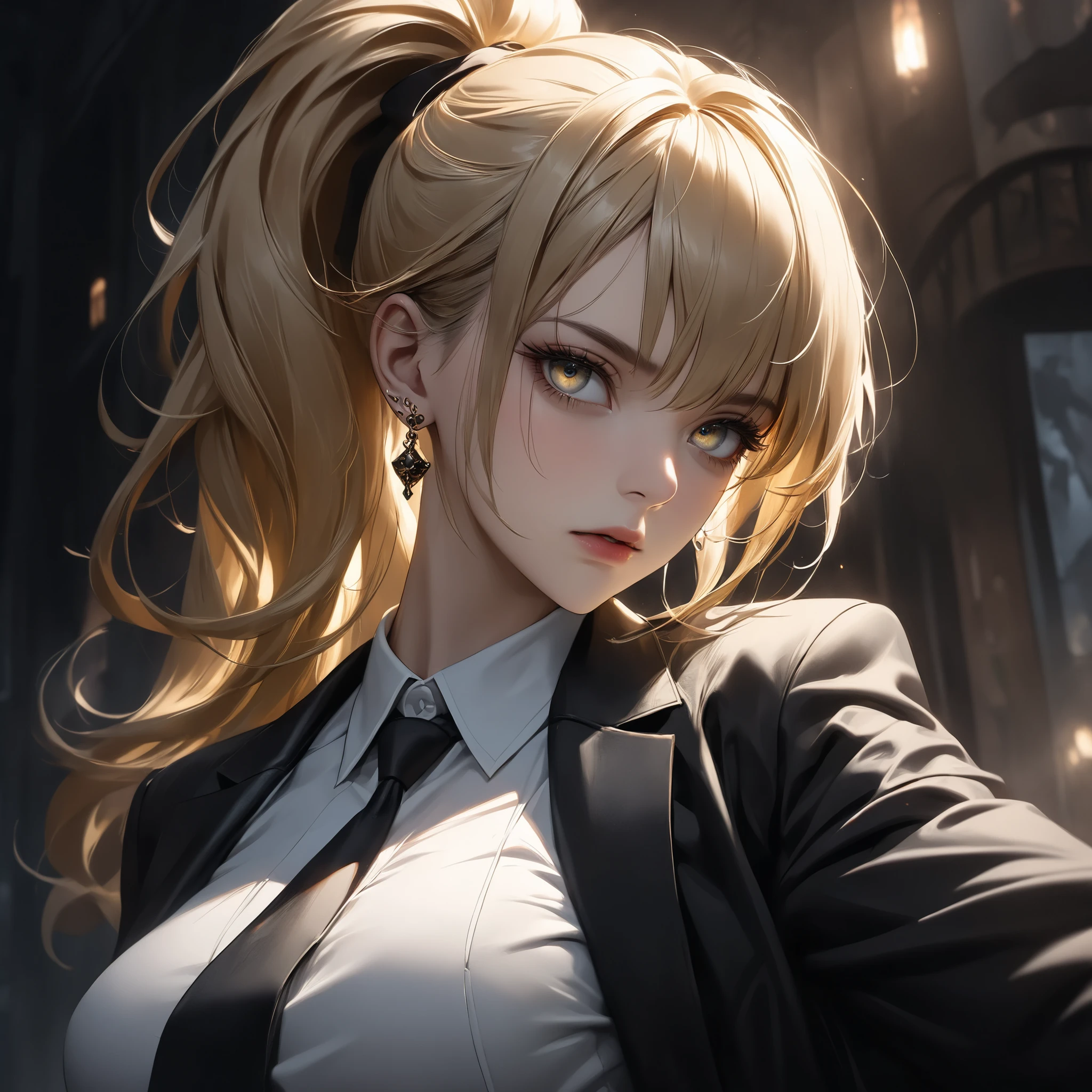 ((extreme quality)), ((Masterpiece)), ((Enrich the picture,Masterpiece level quality)), golden hair, high ponytail, medium breasts, white eyes, fierce woman, ultra eyes details, RAW 4K, Realistically , ((great effect to highlight the subject)) , ( cinematic lighting, moody, textile shading), perfect proportions, ultra detailed, volumetric lighting, soft lighting, glossy skin, beautiful face, Special face details, strong emotions, elegant gesture, Detailed facial features, Long eyelashes, contrast, Incredible atmosphere, Fascinating setting, Haunting beauty , black mini skirt, sexy white shirt , mafia suit , necktie , mini black skirt , ear rings, steet fashion , mafia boss,