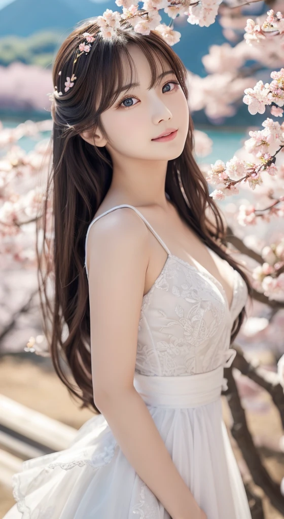 (highest quality, 32k, High resolution, masterpiece:1.5, ), A haunting fantasy portrait painted in an abstract style, ((In a swirl of fantastic pastel colors and soft light)), Evoking a soothing tranquility and elusive beauty, Expressing emotions, Have a rich imagination, Cute Japanese Girls, An exceptionally beautiful face, full shot of full body, perfect human anatomy, Magical big eyes, A gentle smiling profile, motherhood and tolerance, ((Shiny brown straight long hair)), Beautifully styled super long hair, Beautiful asymmetrical bangs, Hair between the eyes, Transparent and soft skin, Neat, thin eyebrows, double eyelid, Pale pink lips, ((See-through transparent camisole,)), High resolution perfect clavicle, Beautiful chest in high resolution, Slender body with ample breasts, High resolutionの美しい太もも, Soft sunlight, Professional Lighting, Professional Photographer, Professional Model,Mysterious