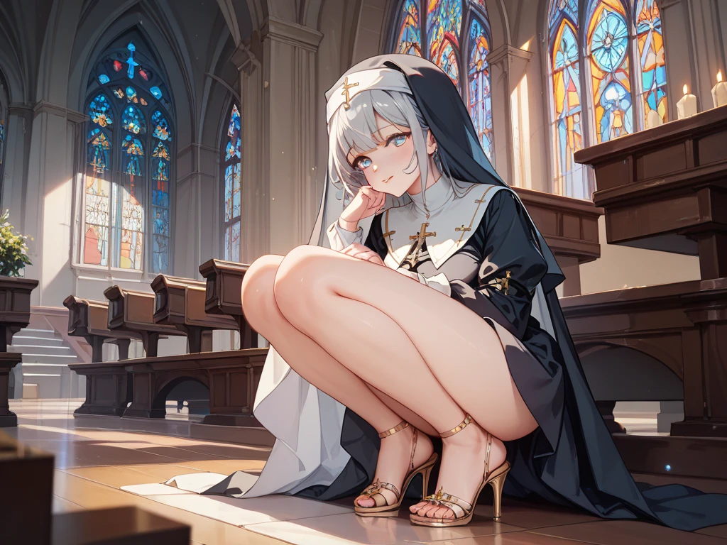 Masterpiece, top quality, best quality, official art, beautiful and aesthetic, anime, 1girl,extremely detailed, colorful, more detailed ((ultra-detailed)), (highly detailed CG illustration),Best Quality, High resolution, Unity 8k Wallpaper, (Illustration:0.8),extra detailed face,deteiled eyes,sharp, Perfect Lighting, extremely details CG, (Perfect hands, Perfect Anatomy), church, benches, icons, candles, dark light, crosses, 1girl, nun,long white hair,big green eyes,long robe,small breast,skinny fit, small ass,long legs,stockings,stocking suspenders,thighs,heels,in middle,looking in camera,from below.