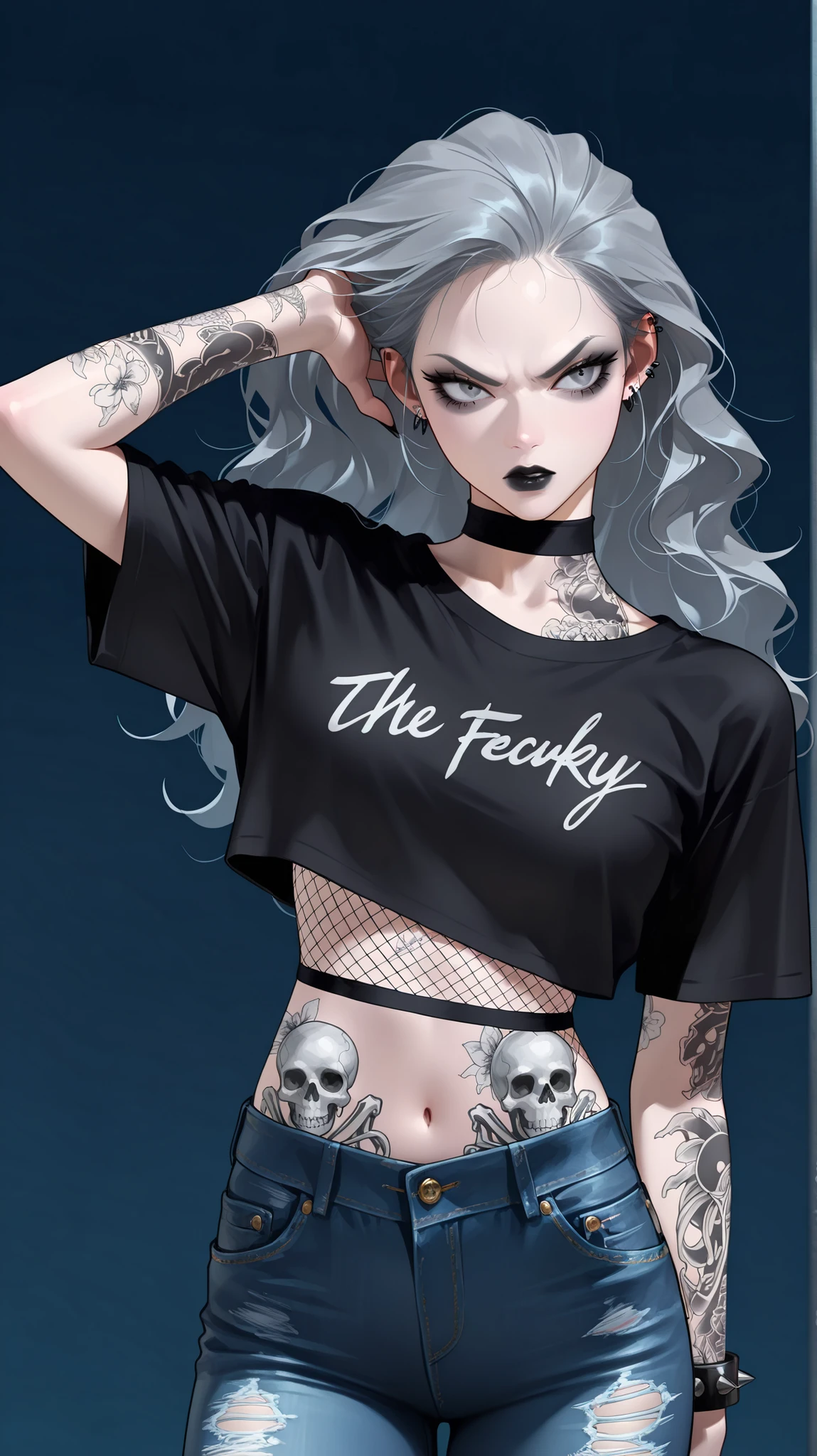 masterpiece, best quality,detailed eyes, amazing quality, newest, very aesthetic, 1girl,gray punky hair,gray eyes,black lips,gray eye shadow,skeleton tattoos,crop top black t-shirt,blue jeans,fishnet clothing,black long sharp nails,earring,one hand behind her hair,the other hand on her hip,angry feactures,dark blue background,motion