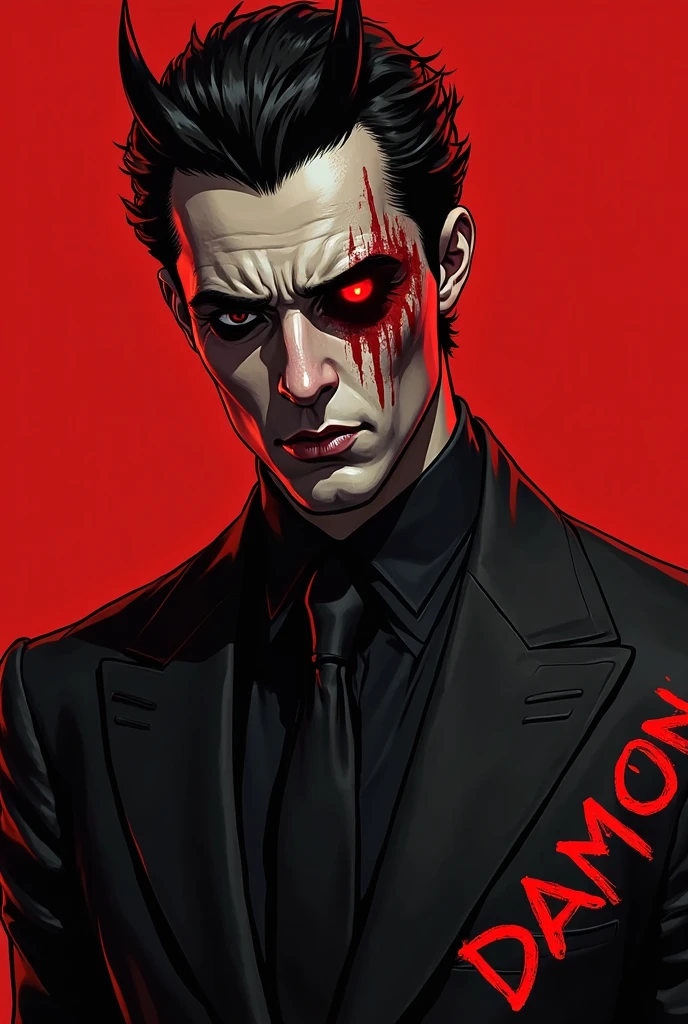 high quality, highres, absurdres, man,black suit, smoking, blurry background, angry, evil smile, evil grin, black white background, simple background, black background, satan, satanic, red, black, red and black, evil, bioshock \(series\), devil, devilish,