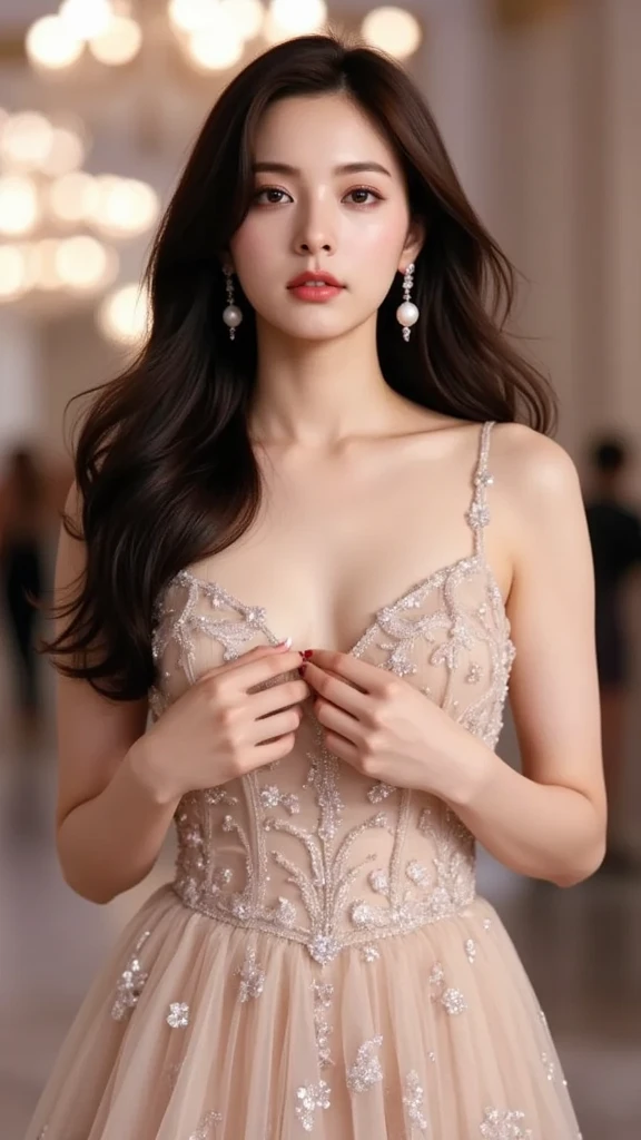 ((Medium breasts, )), (Well-defined abs : 1.1), (Perfect body : 1.1), full-length photo, (Ripped tube top:1.3), (Extremely detailed CG 8k wallpaper), (Extremely delicate and beautiful), (masterpiece), (best quality:1.0), Delicate skin, Extremely detailed 8K, ultra hd, masterpiece, best quality, a beautiful girl, long hair, impressive hairstyle, royal hair jewelry, jewellery earrings, antique jewellery, details eyes, beautiful eyes, meticulous makeup, thin eyebrows, beautiful lips, small breasts, royal dress, pink dress, strap dress, realistic colors, magic effect, epic scenery, epicness background, perfect body,