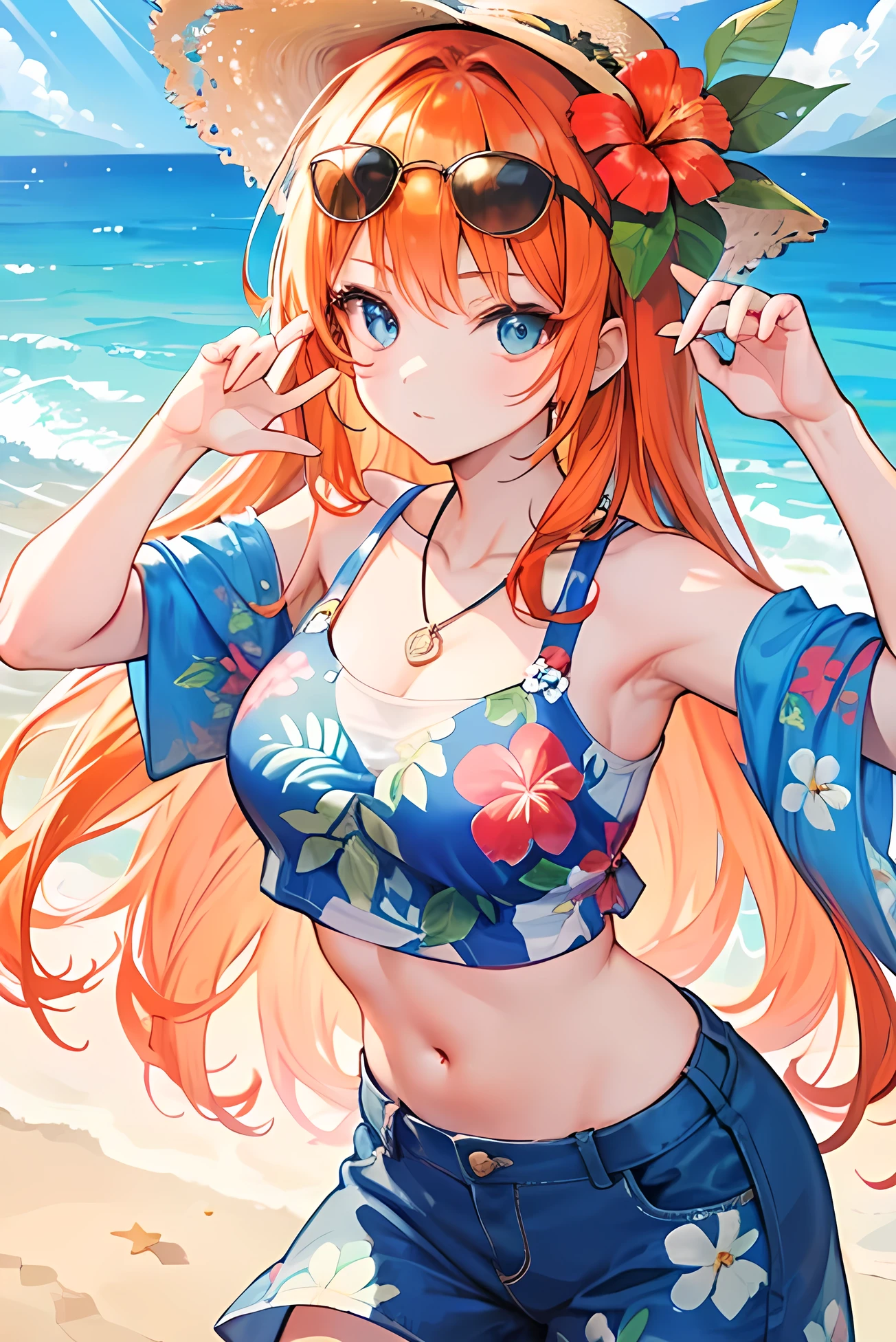 Satsuki Nakano, Itsuki Nakano, Bangs, Blue eyes, hair between eye, Ahoge, Red hair, Braid hair,Star \(symbol\), Hair Ornament, Star hair ornament、,B Leak point:1.2), Best Quality, High resolution, Unity 8k壁纸, (Illustration:0.8), (Beautiful detailed eyes:1.6), extra detailed face, Perfect Lighting, extremely details CG, (Perfect hands, Perfect Anatomy),Bikini swimwear,Wrap the blanket diagonally around your waist,hair adornments(hibiscus),sea side,sand beach