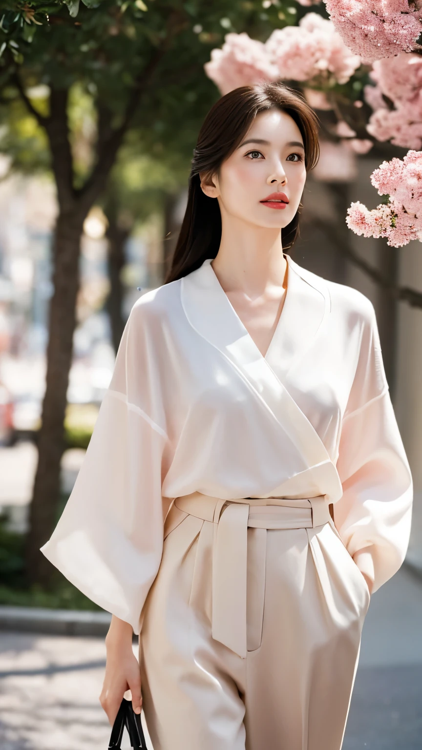 "A striking Russian-Asian model with luminous porcelain skin strolls along a snow-dusted walkway lined with delicate pink sakura trees in Tokyo, sheltered under a crystal-clear dome-shaped umbrella edged with frost. Soft morning light filters through the blossoms, casting a golden-pink hue over her tailored light-brown trench coat, crisp white blouse, and sleek wide-leg trousers. Her LONG PERM LAYER brown hair flows gently around a serene face framed by geometric gold-toned glasses, while snowflakes drift lazily around her. Beneath the trees, a wooden bench sits beside a stone lantern, The crisp morning air carries faint cherry blossom petals, and glimmers with frost and melting snowflakes. Cool winter tones blend with warm sunrise hues, creating a serene, ethereal contrast between the icy ground and the blush-pink sakura canopy. Ultra-realistic textures (frosted petals, snow-crusted fabric, morning mist) and soft, diffused lighting evoke a tranquil, cinematic winter morning in Tokyo." A stunning Asian actress poses solo in a full-body shot, exuding confidence and allure as she stands near the open window of a sleek cafe bathed in soft, diffused lighting that highlights her elegant figure. face with expressive brown eyes gazing directly at the viewer, radiating charisma as she wears a sheer white blouse with subtle texture, tastefully accentuating her toned silhouette. A hint of her skin glows beneath the lightweight fabric, adding a touch of sophistication. enhancing her magnetic beauty. The composition balances modern glamour with timeless grace, capturing her commanding presence.