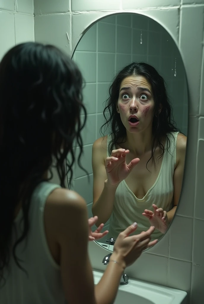 **A Disturbing Reflection**: Shows a person looking at their reflection in a mirror, but the reflection shows something completely different, such as a monstrous creature or another face.