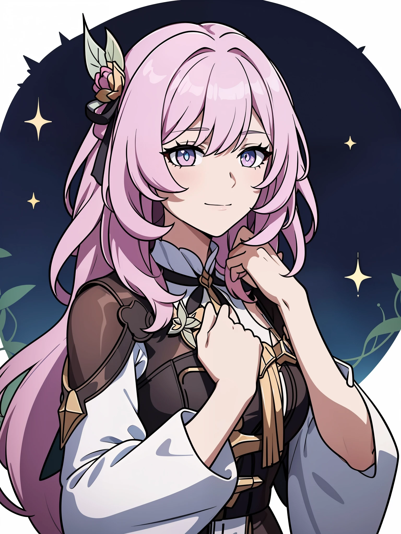 (high-quality, breathtaking),(expressive eyes, perfect face) portrait, 1girl, female, solo, young , pink hair, blue eye color, medium hair length, soft wavy hair, gentle smile, loose hair, side bangs, looking at viewer, portrait, upperbody, happy expression, ribbon in hair, flower in hair, fantasy clothing, elegant, mature, height 4"3, adventurer attire, warlock attire, warlock profession, short height, Dungeons & Dragons character, jacket, dress, Firefly Honkai Star Rail Character, hair ornament,hair flower,red flower,red rose, thorns,vines,shoulder cutout,