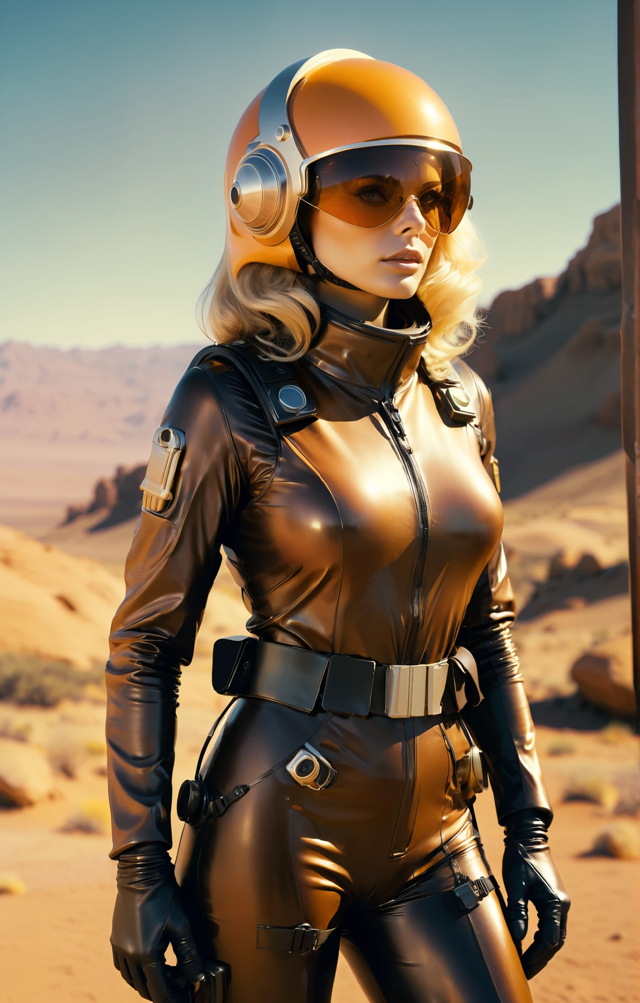 analog film photo. ambr1 fabulous 1970s blond sci-fi pulp cosmonaut(wearing dark rubber suit, tactical vests, military harness, black gloves, high-tech headset), Fingers are occluded, ((Camel Toe)), weapons, in sunset background , in cinematic lighting, cover art mixed cinema poster style,helmet), cinematic . Hard light, hard shadows, faded film, desaturated, 35mm photo, grainy, vignette, vintage, Kodachrome, Lomography, stained, highly detailed, found footage