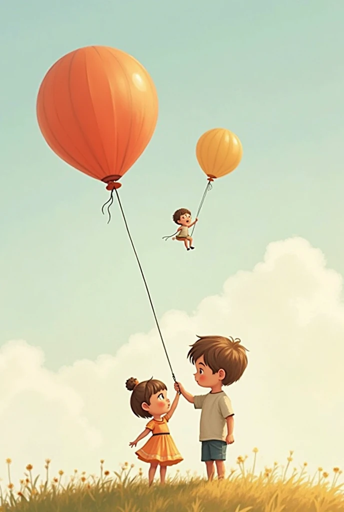 Realistic image of a boy flying in the sky like a balloon and a girl holding him with a rope from the ground so he doesn't fly away